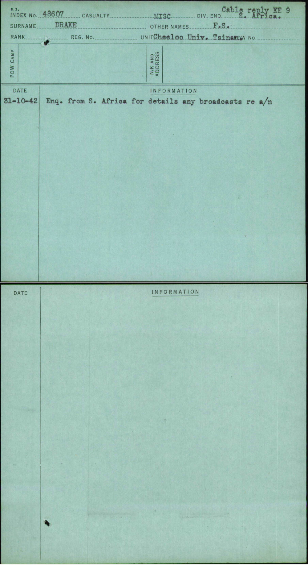 Drake, F S, [No Service Number]