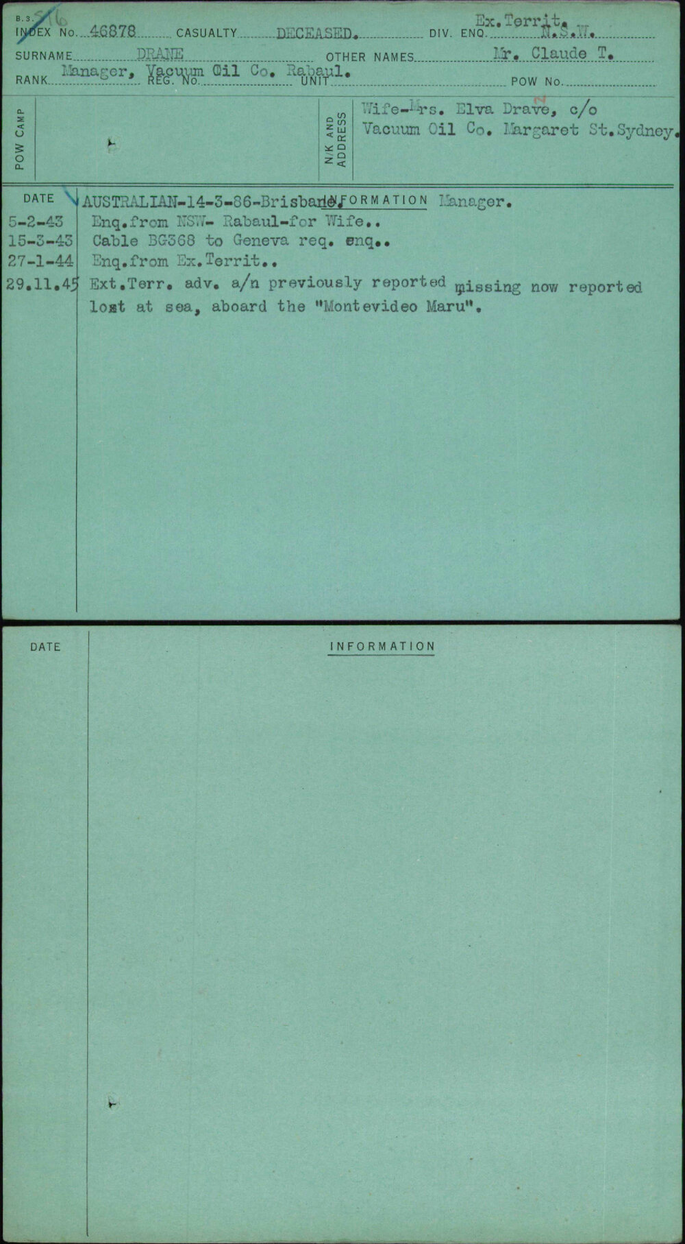 Drane, Mr Claude T, [No Service Number]