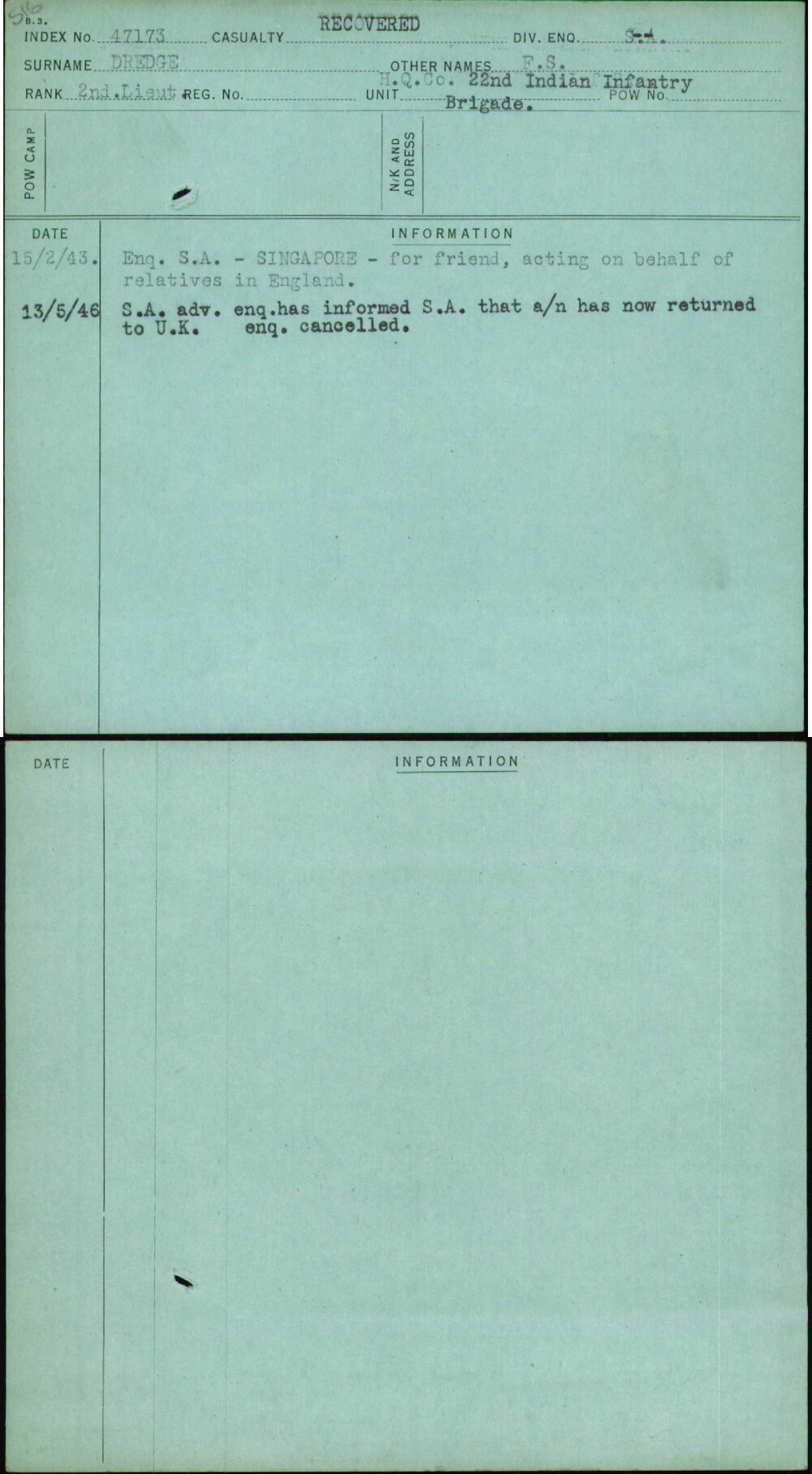 Dredge, F S, [No Service Number]