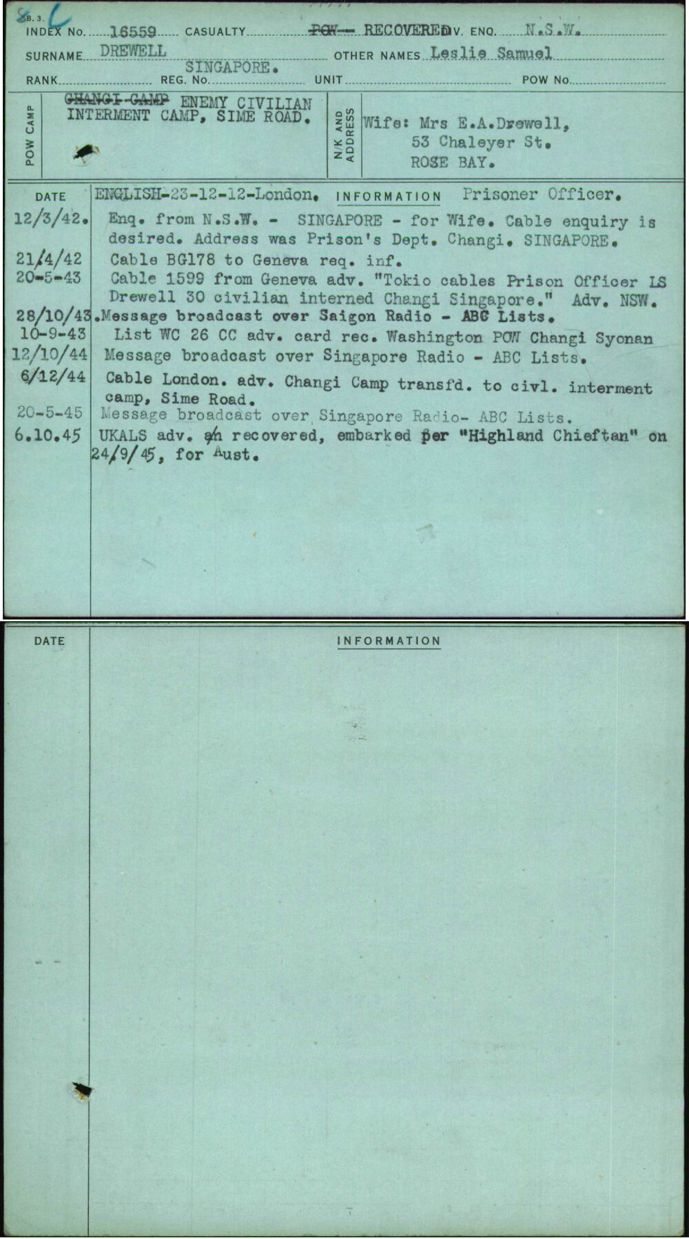 Drewell, Leslie Samuel, Singapore