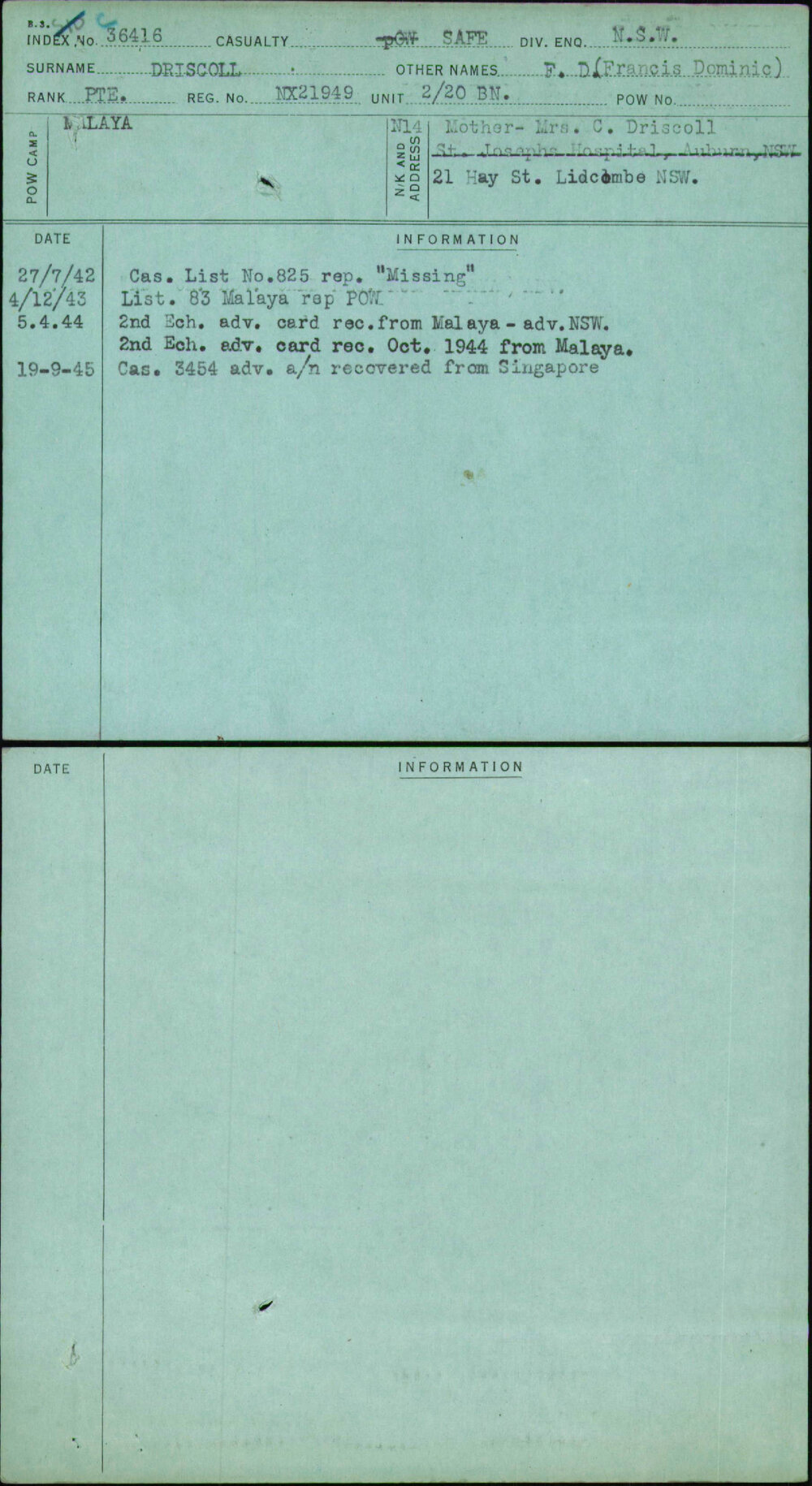Driscoll, F D (Francis Dominic), NX21949