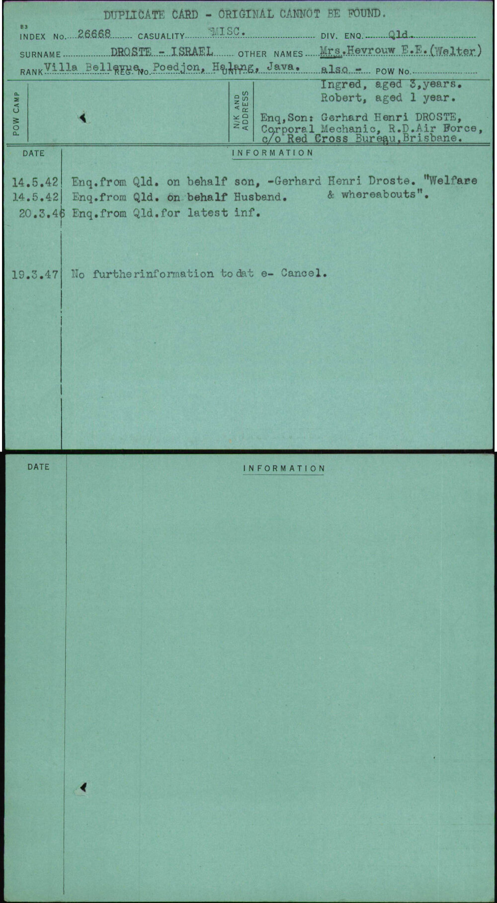 Droste-Israel, Mrs Hevrouw E E (Welter), [No Service Number]