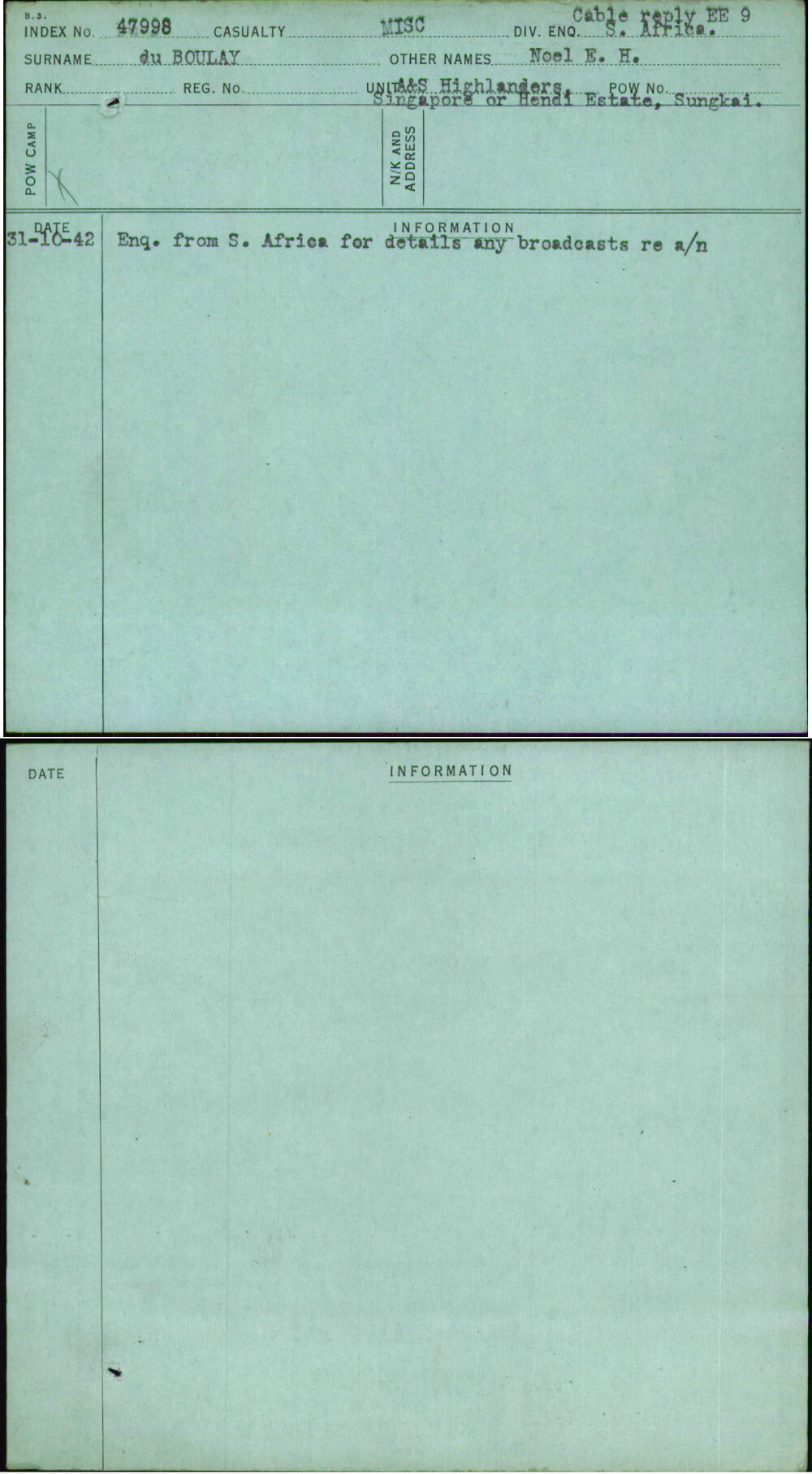 Du Boulay, Noel E H, [No Service Number]