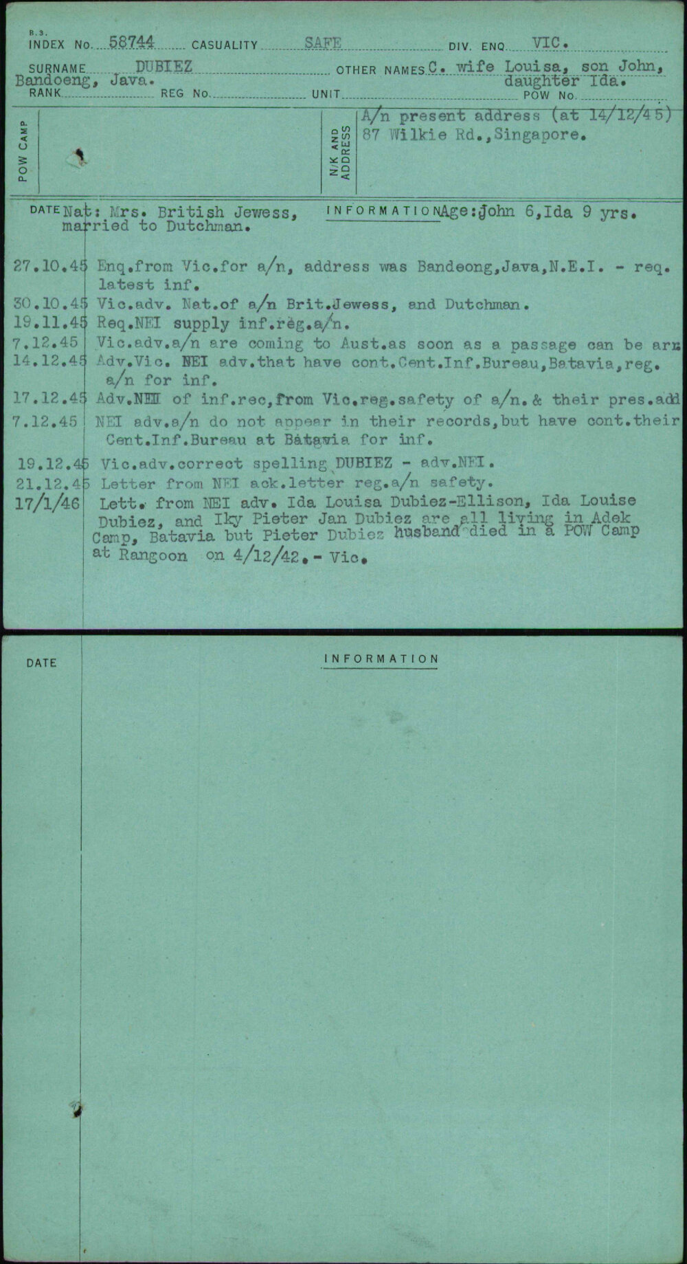 Dubiez, C Wife Louisa Son John Daughter Ida, [No Service Number]