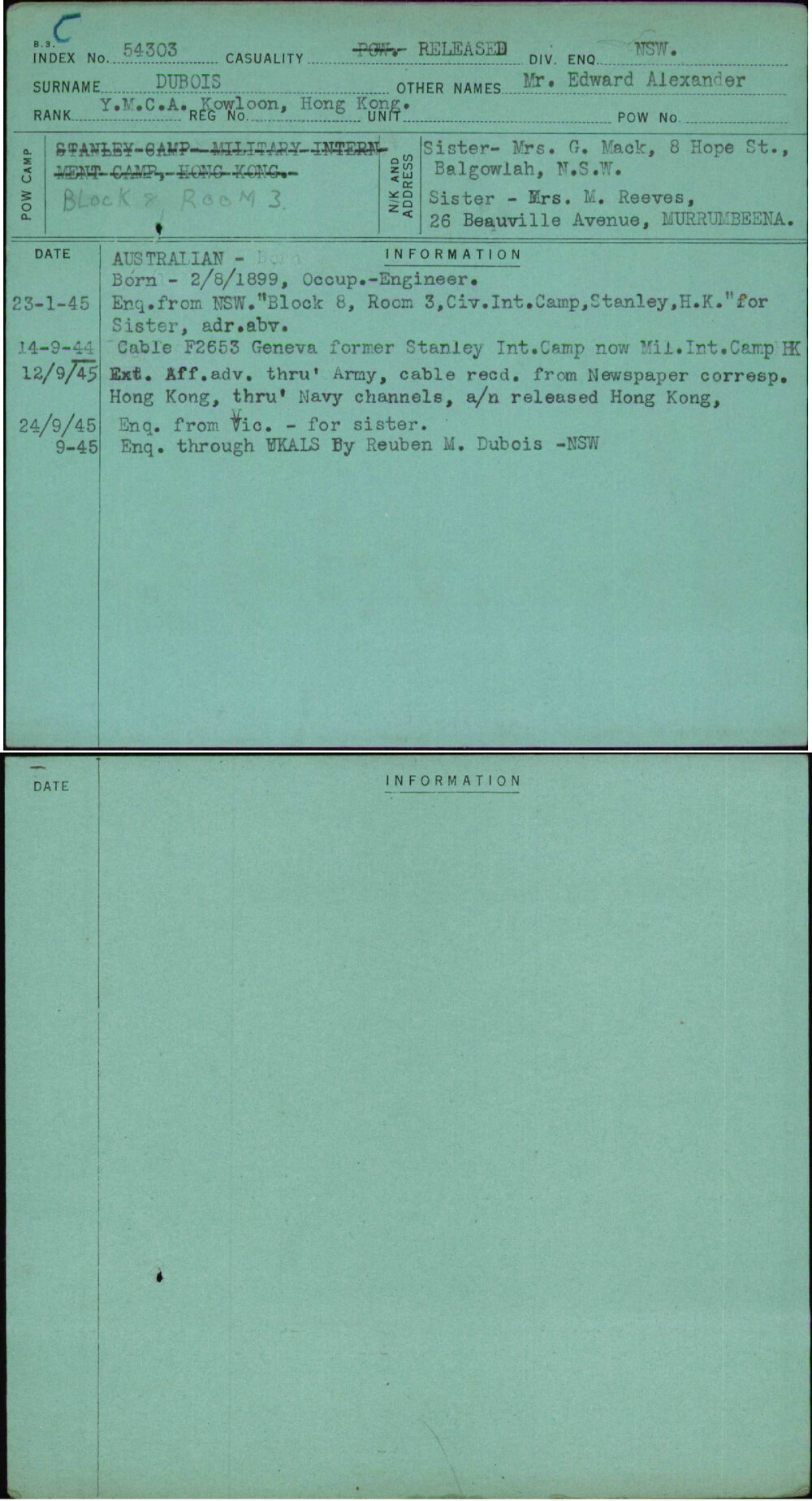 Dubois, Mr Edward Alexander, [No Service Number]