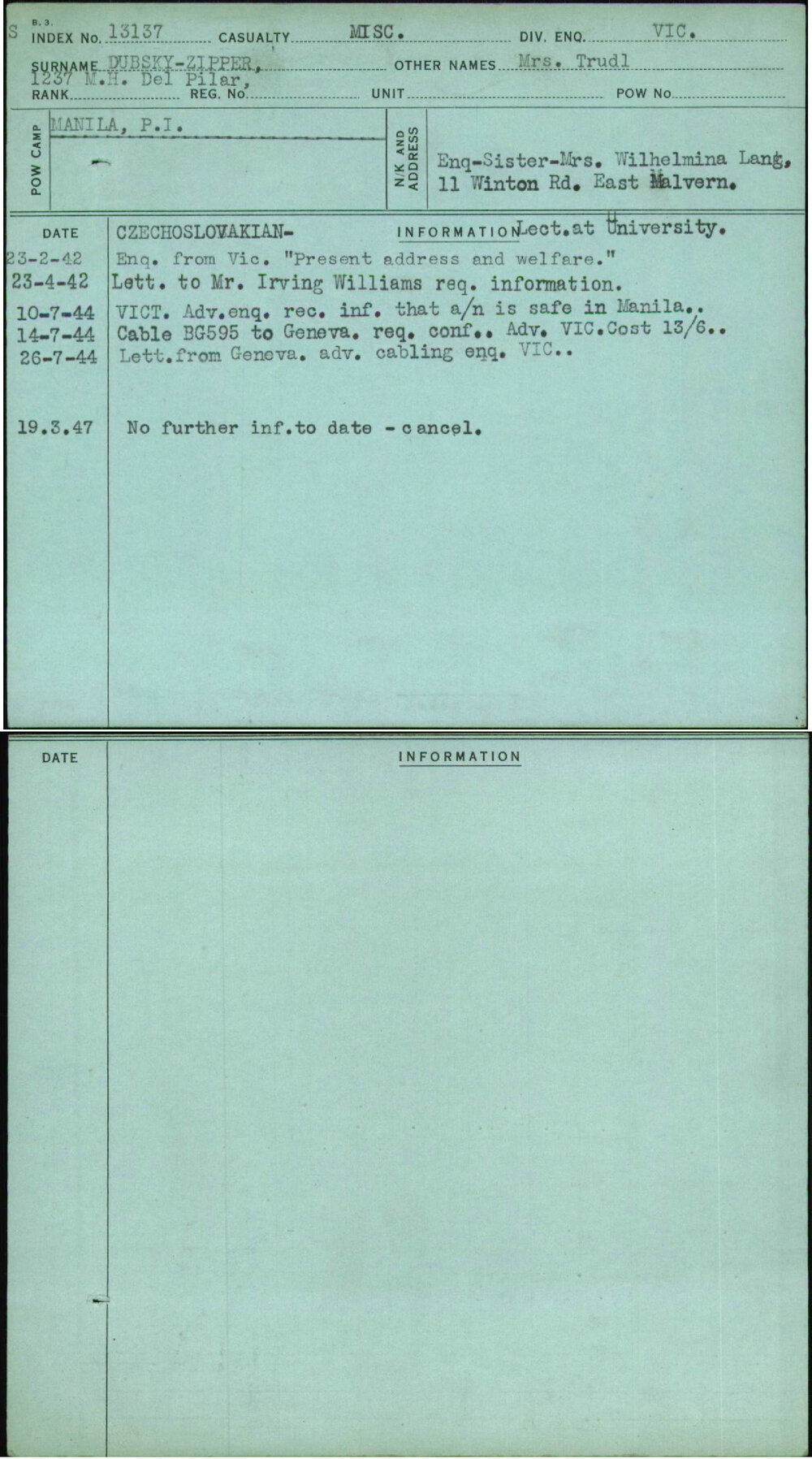 Dubsky-Zipper, Mrs Trudl, [No Service Number]