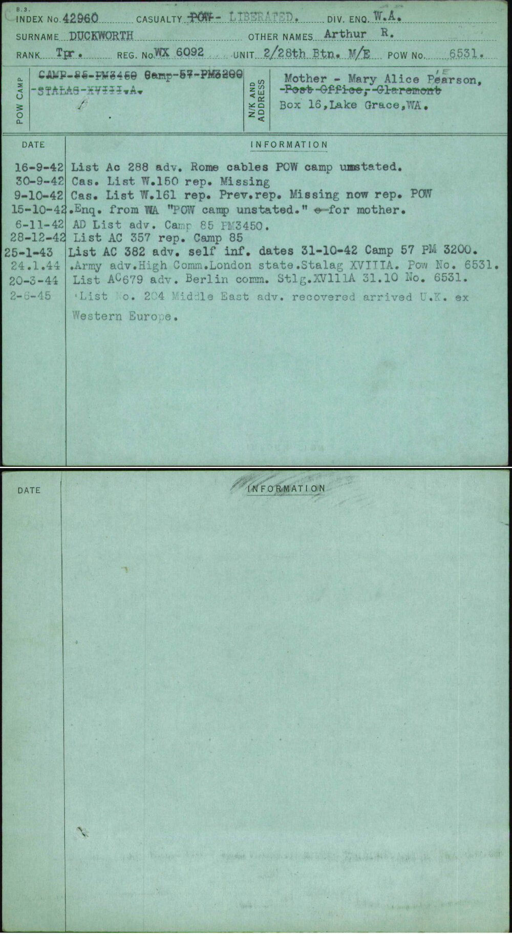 Duckworth, Arthur R, WX6092