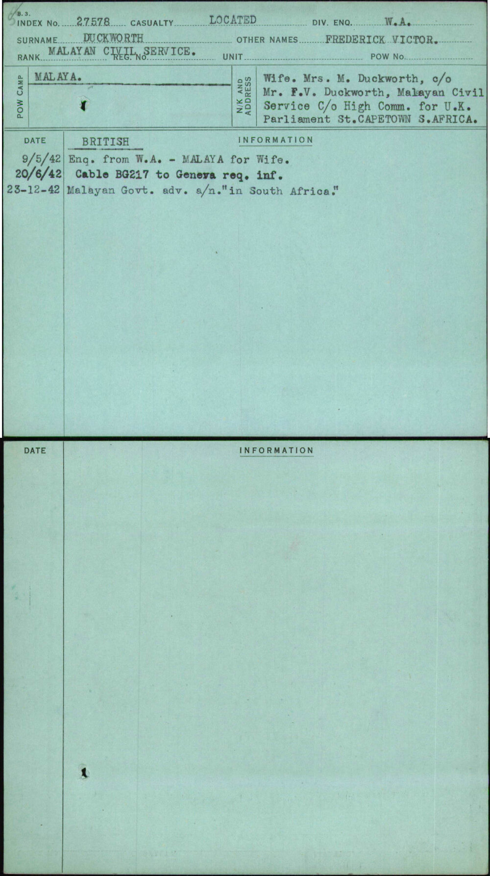 Duckworth, Frederick Victor, [No Service Number]