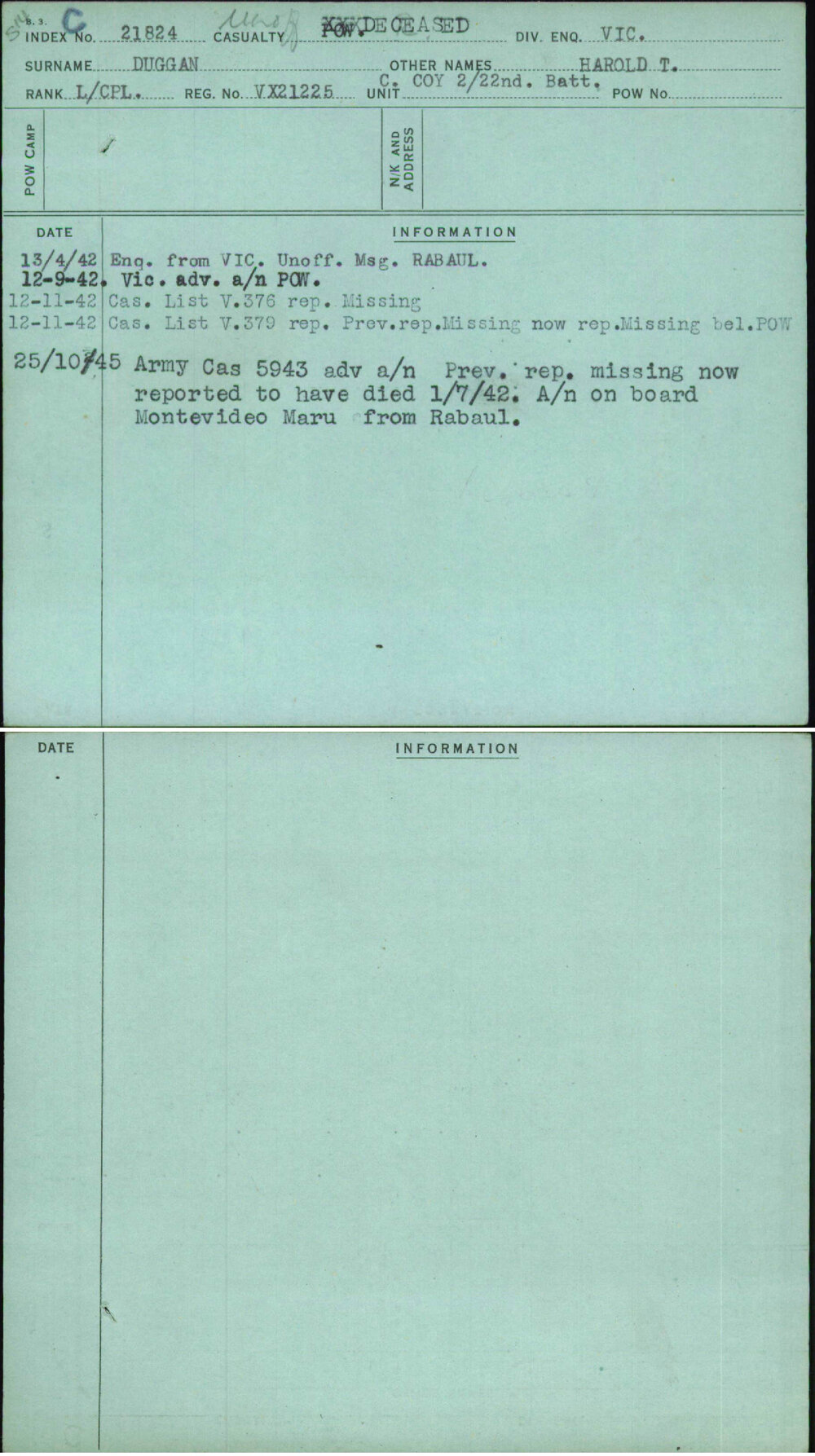 Duggan, Harold T, VX21225