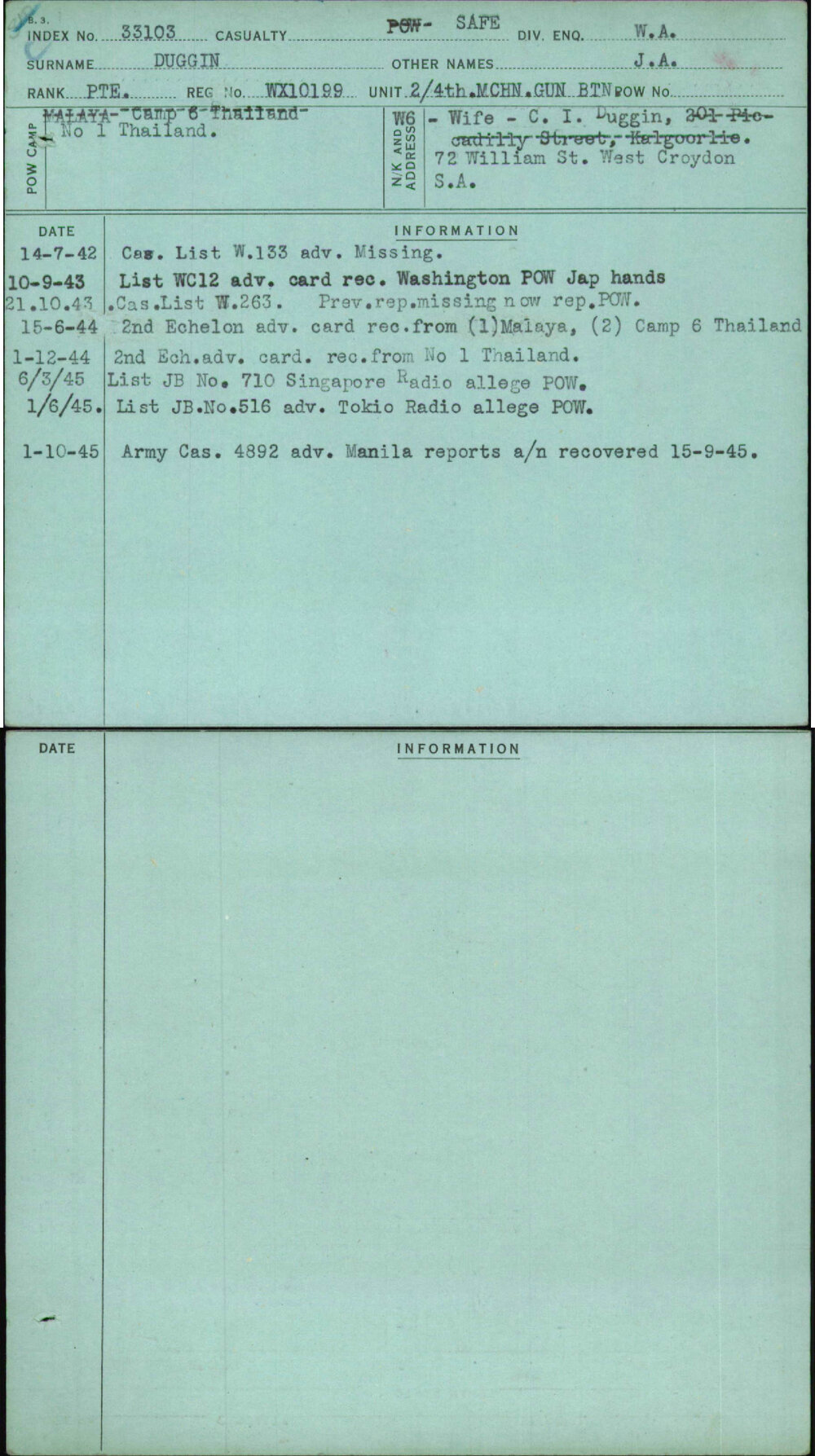 Duggin, J A, WX10199