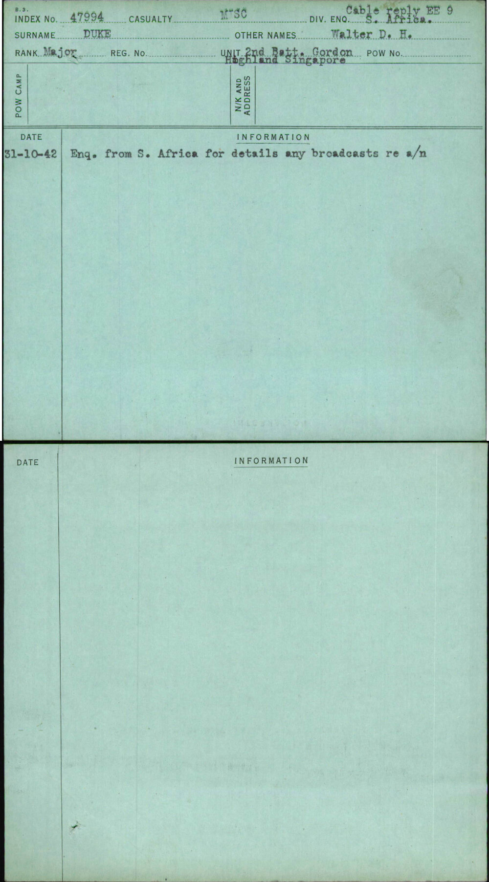 Duke, Walter D H, [No Service Number]