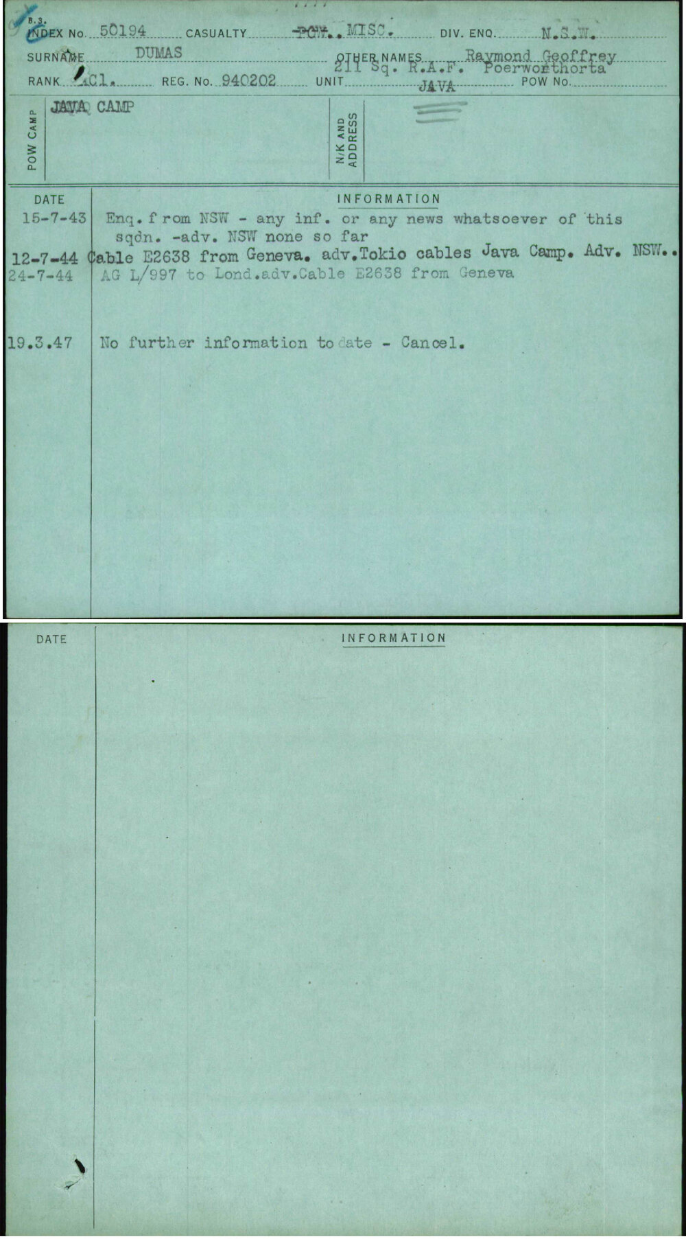 Dumas, Raymond Geoffrey 211 Sq R A F Poerworthorta, 940202