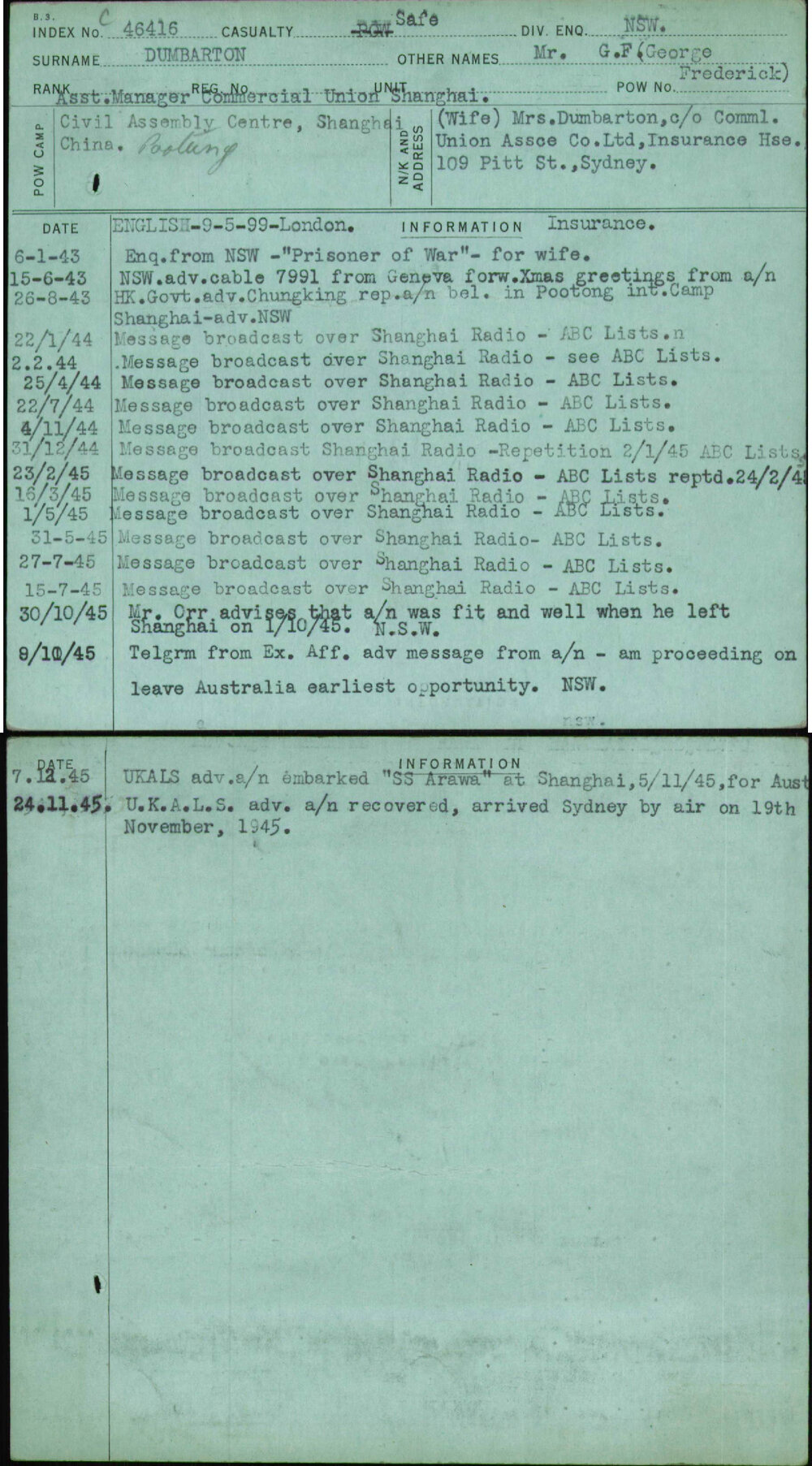 Dumbarton, Mr G F (George Frederick), [No Service Number]