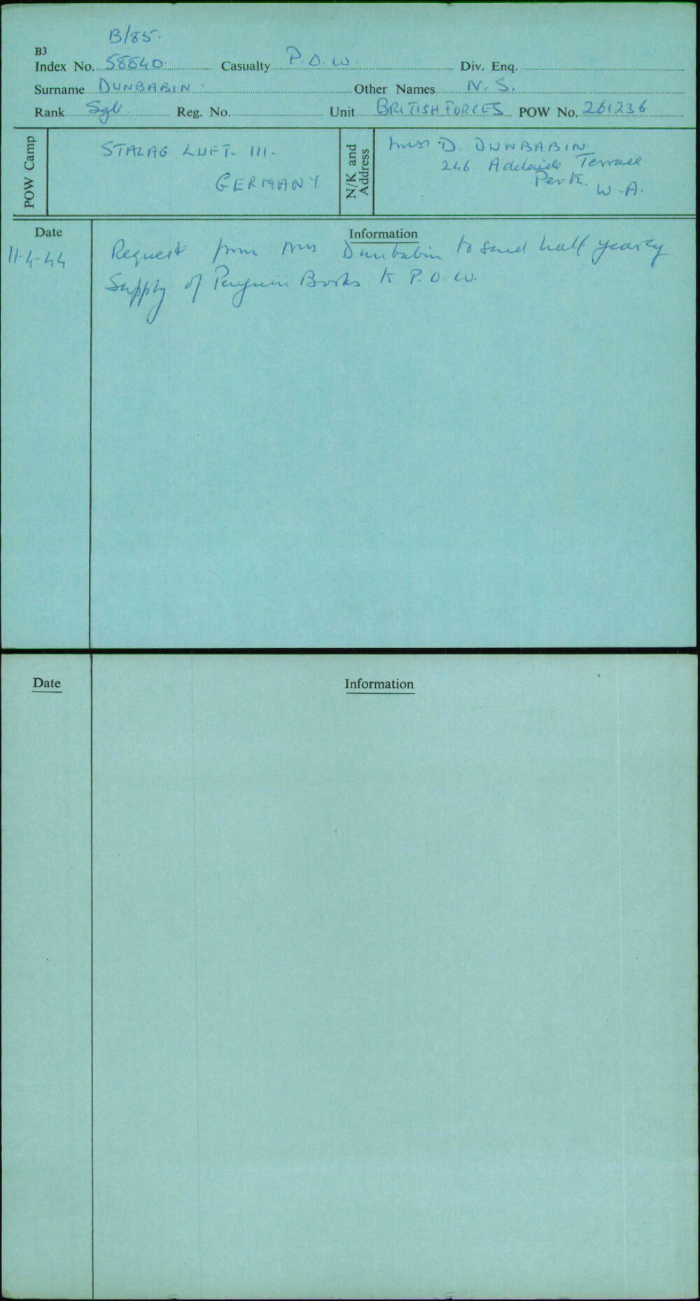 Dunbabin, N S, [No Service Number]