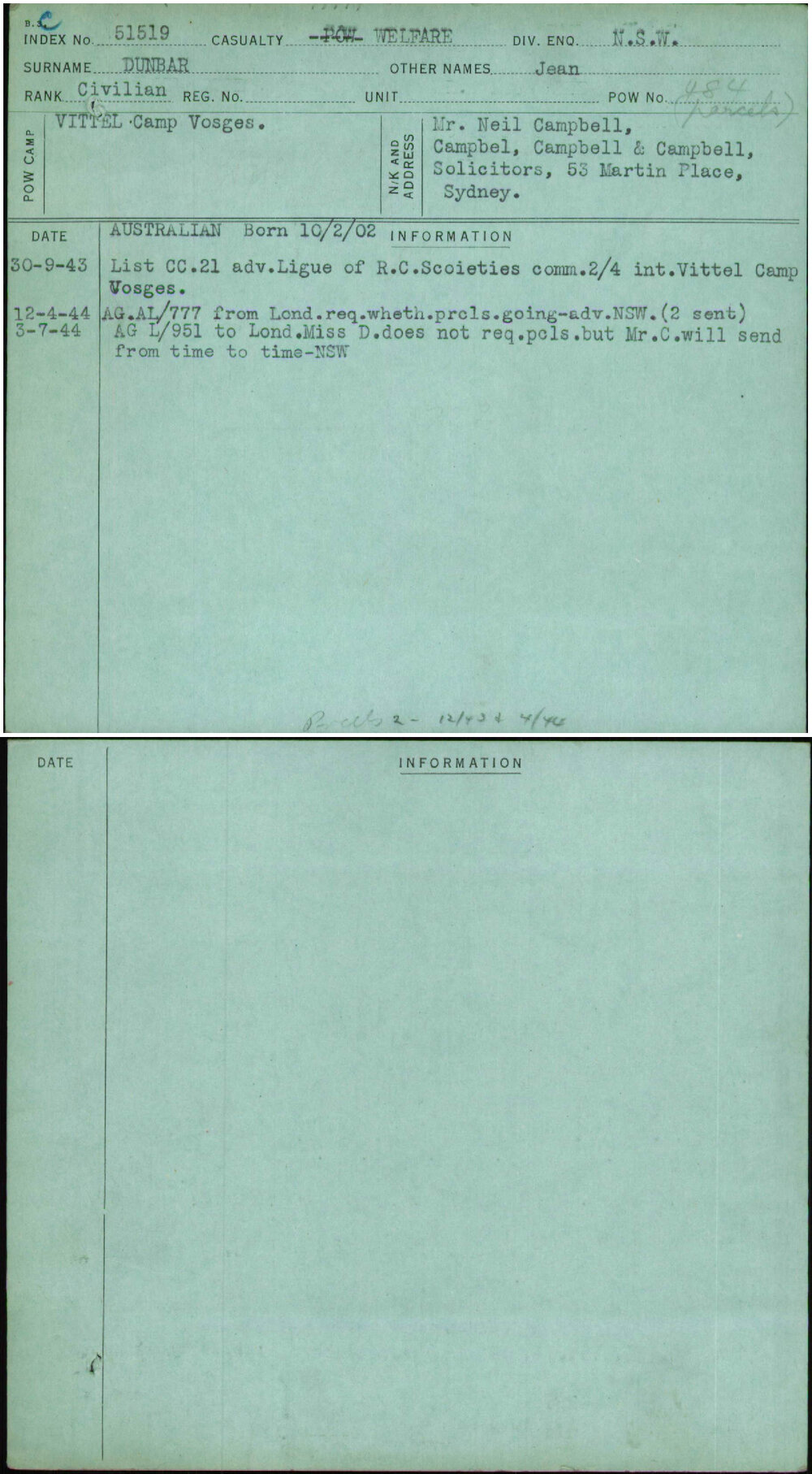 Dunbar, Jean, [No Service Number]