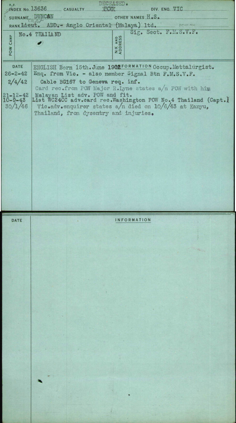 Duncan, H S, [No Service Number]