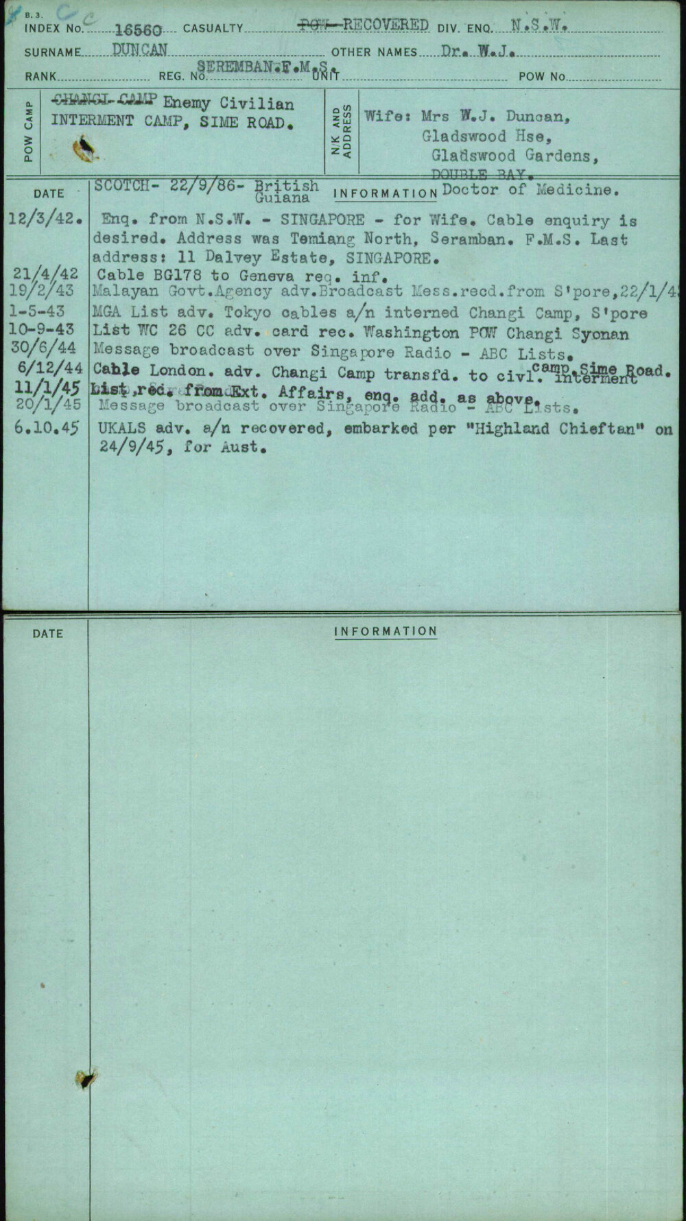 Duncan, Dr W J, Seremban Fms