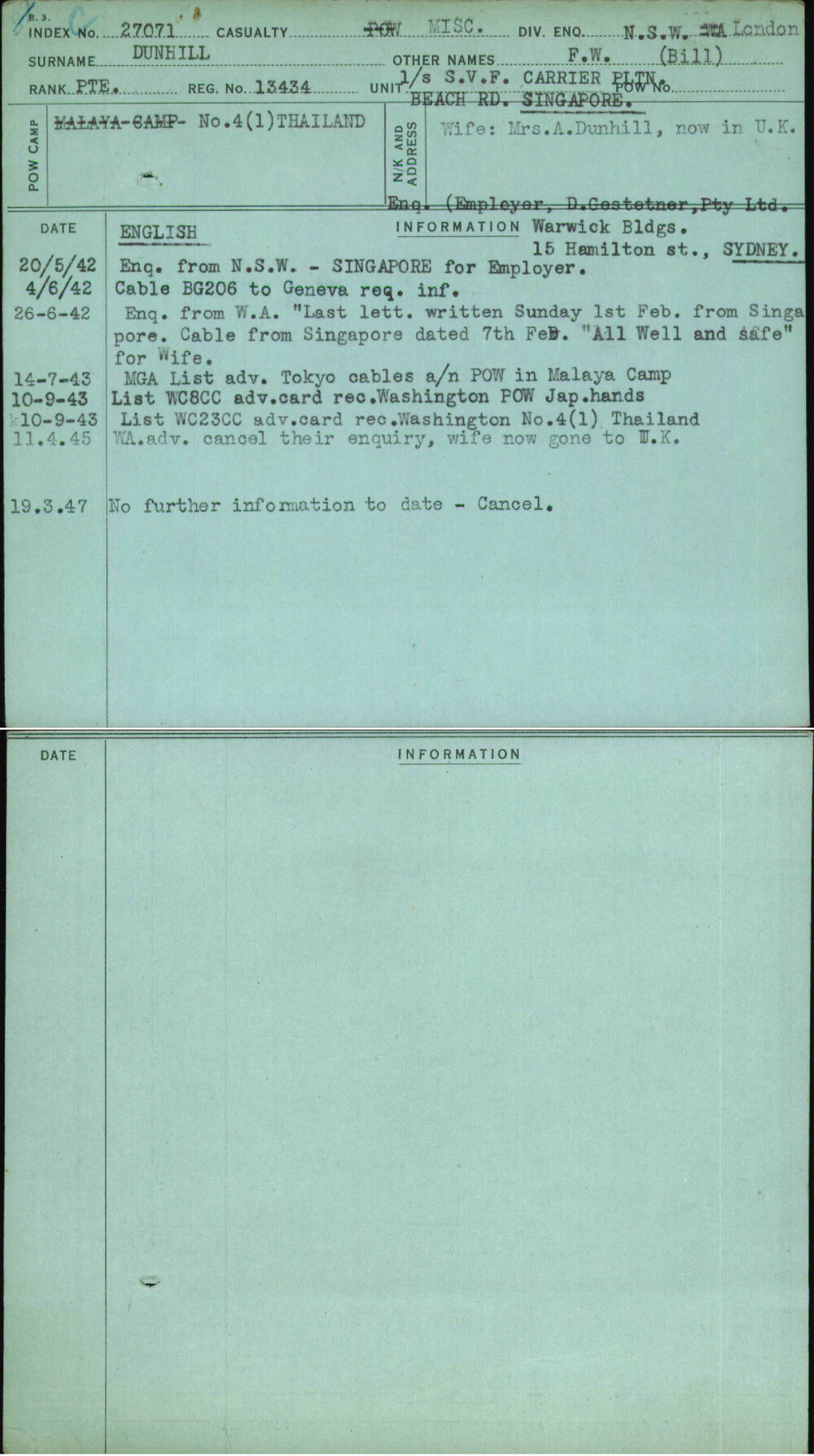 Dunhill, F W (Bill), 13434