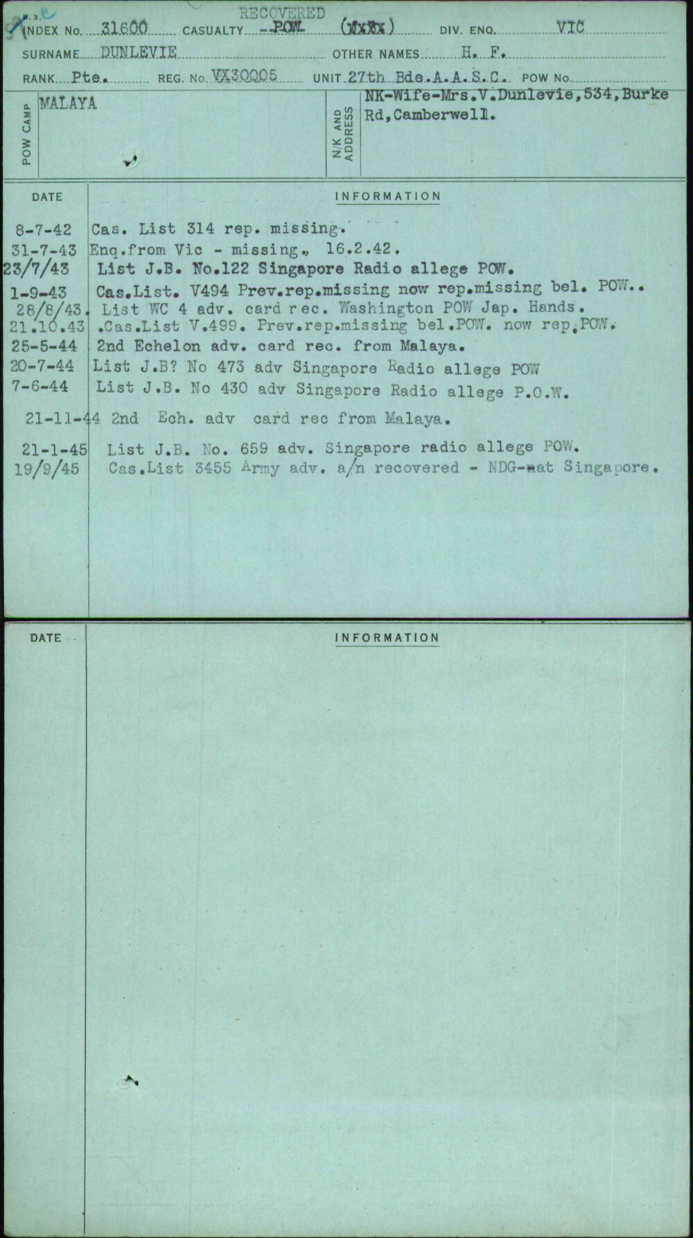 Dunlevie, H F, VX30005