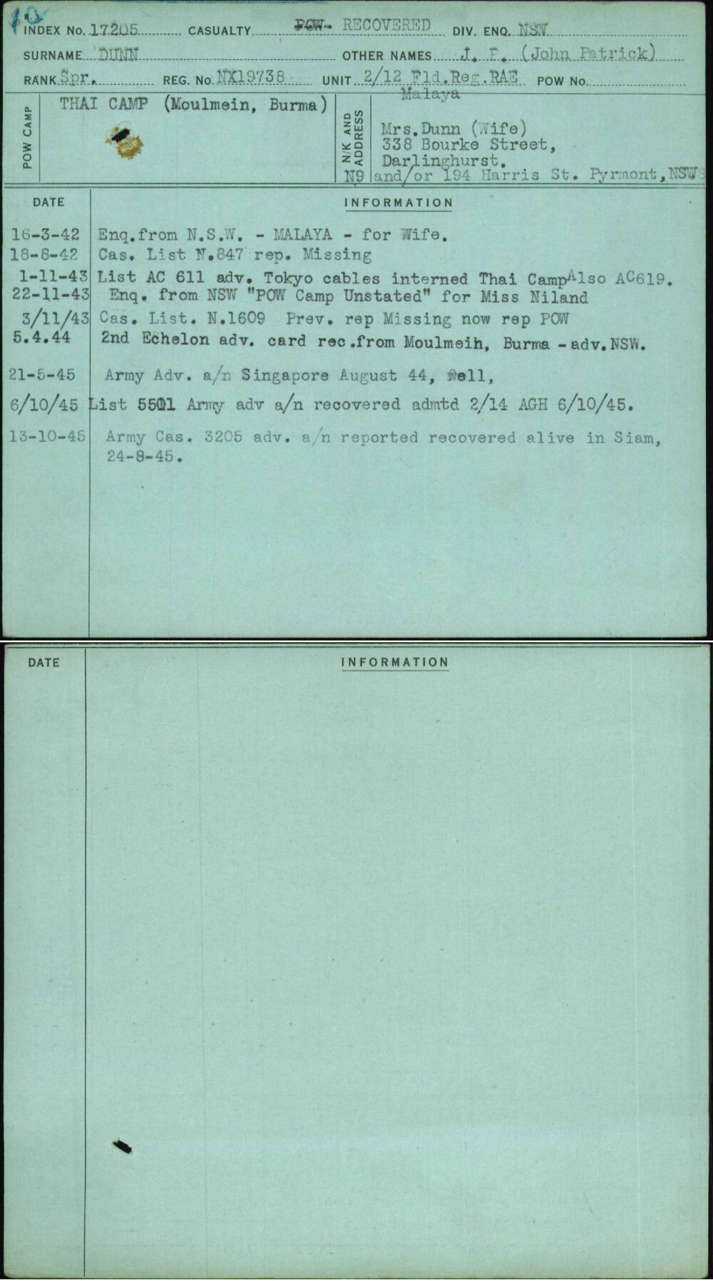 Dunn, J P (John Patrick), NX19738