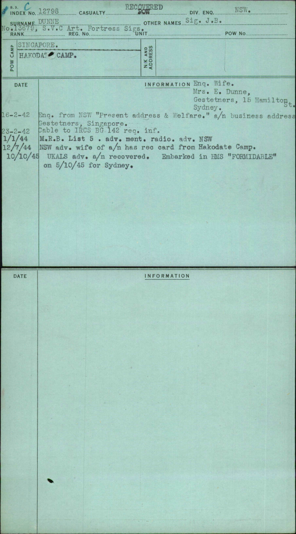 Dunne, Sig J B, [No Service Number]