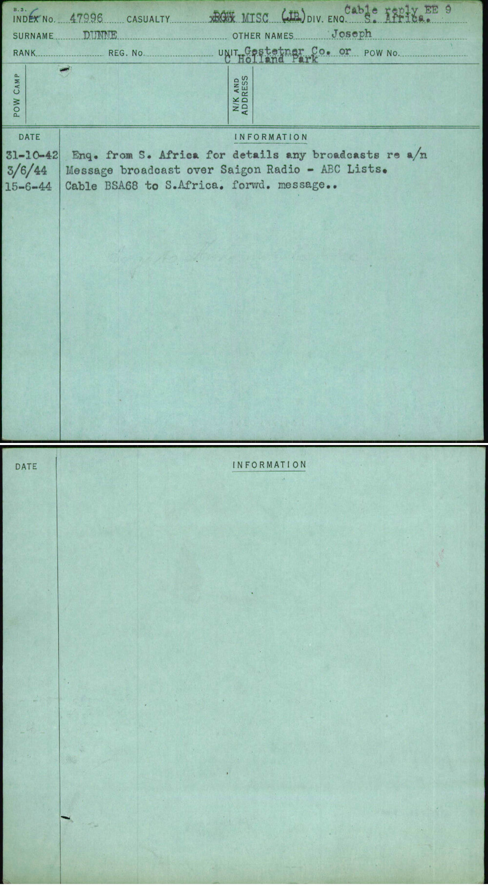 Dunne, Joseph, [No Service Number]