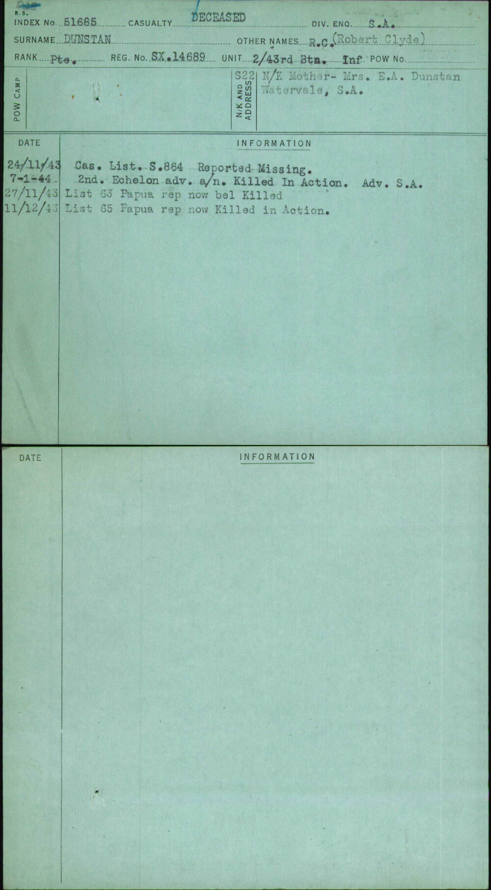 Dunstan, R C (Robert Clyde), SX14689