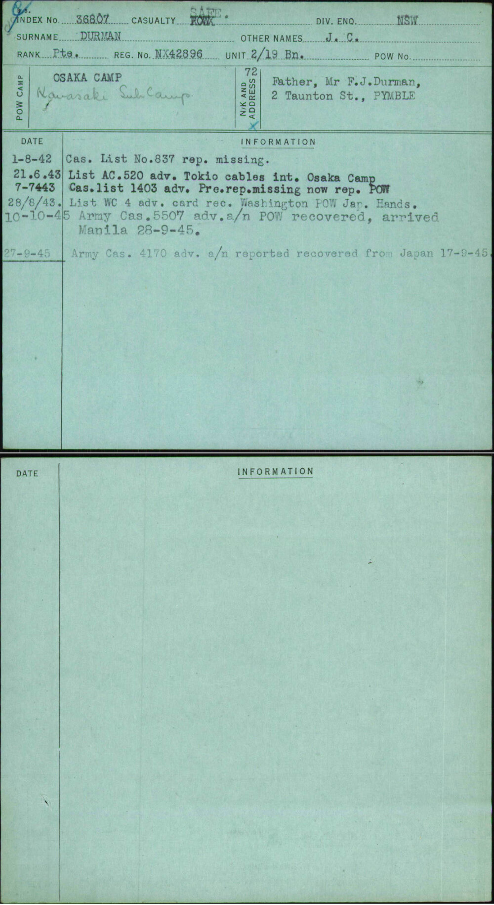 Durman, J C, NX42896