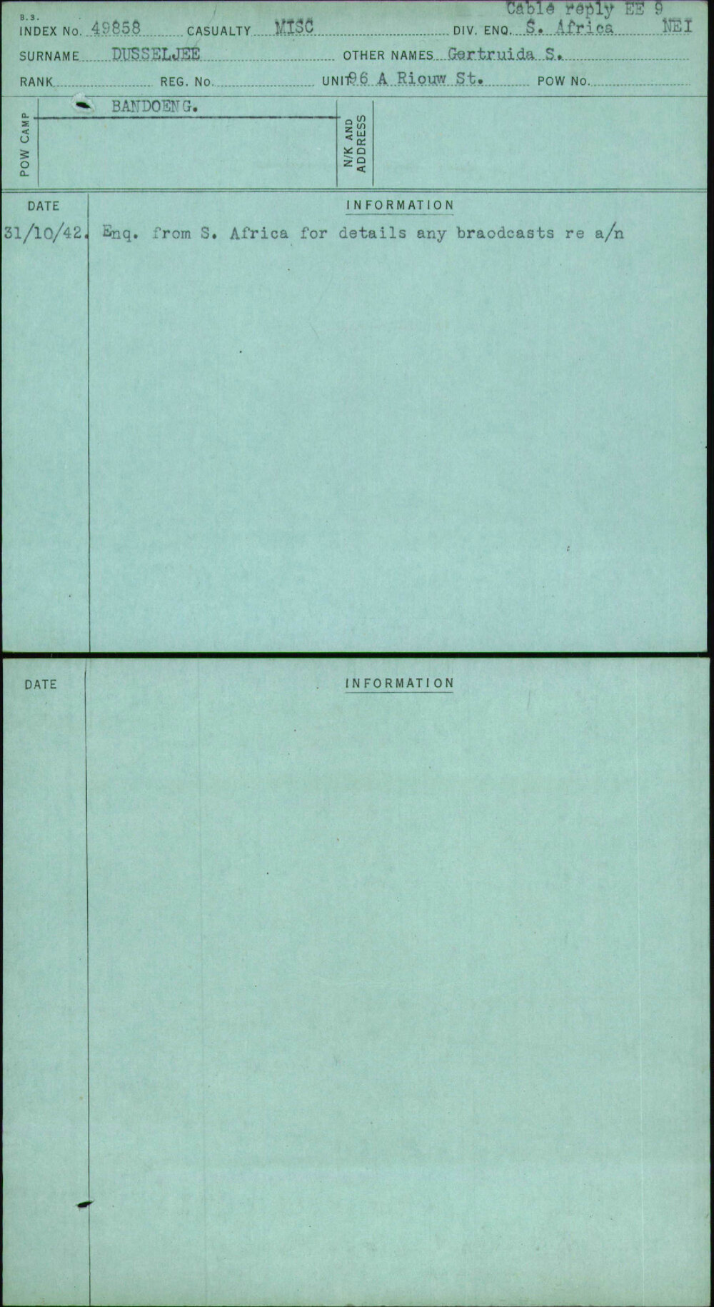 Dusseljee, Gertruida S, [No Service Number]