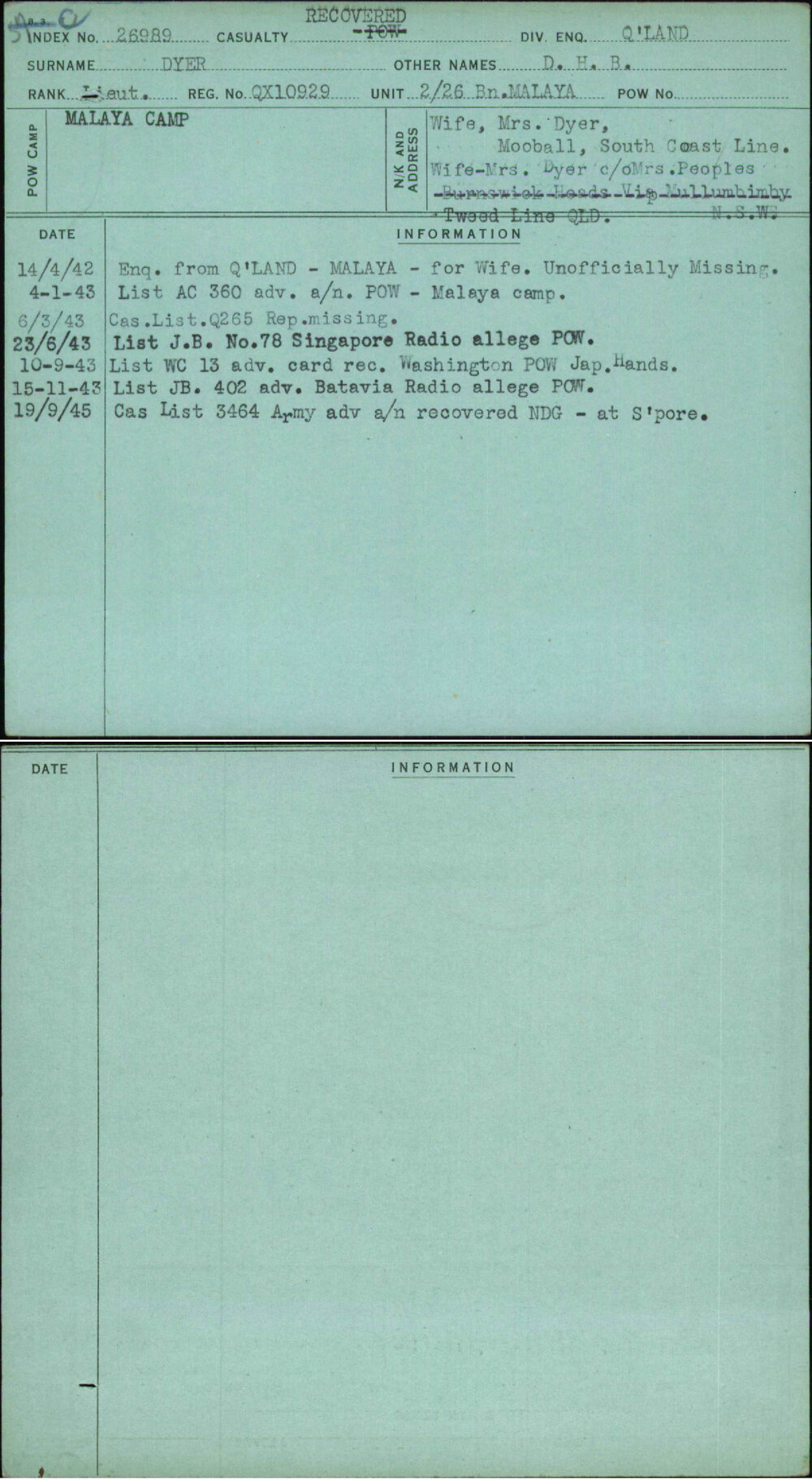 Dyer, D H B, QX10929