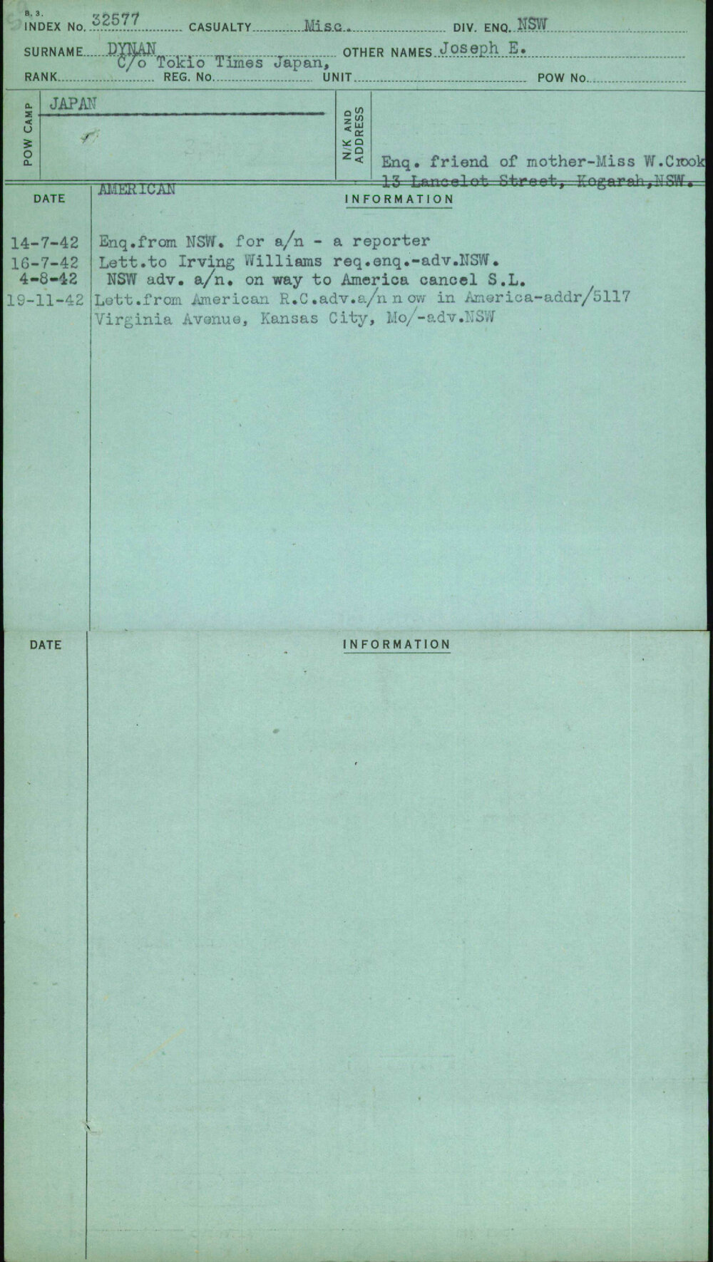 Dynan, Joseph E, [No Service Number]