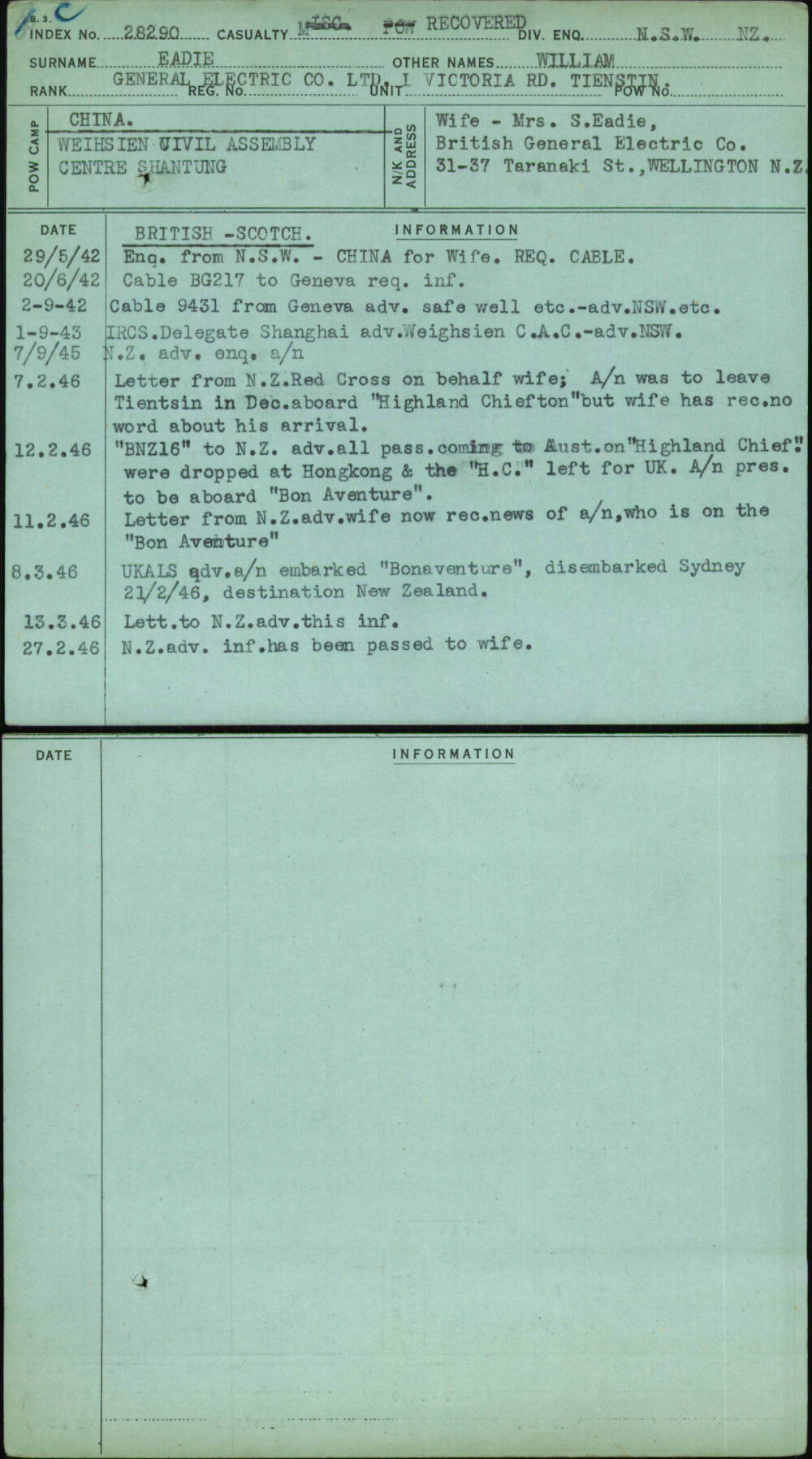 Eadie, William, [No Service Number]