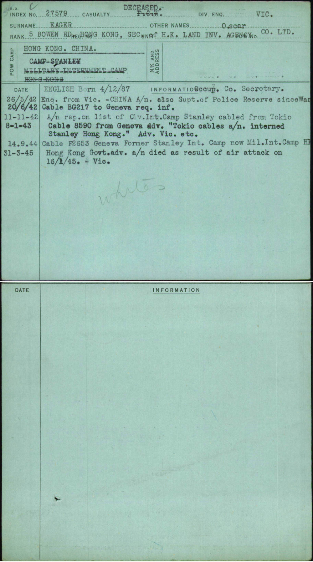 Eager, O Scar, [No Service Number]