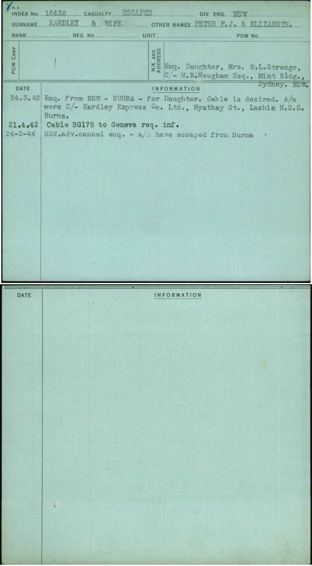 Eardley &amp; Wife, Peter F J &amp; Elizabeth, [No Service Number]