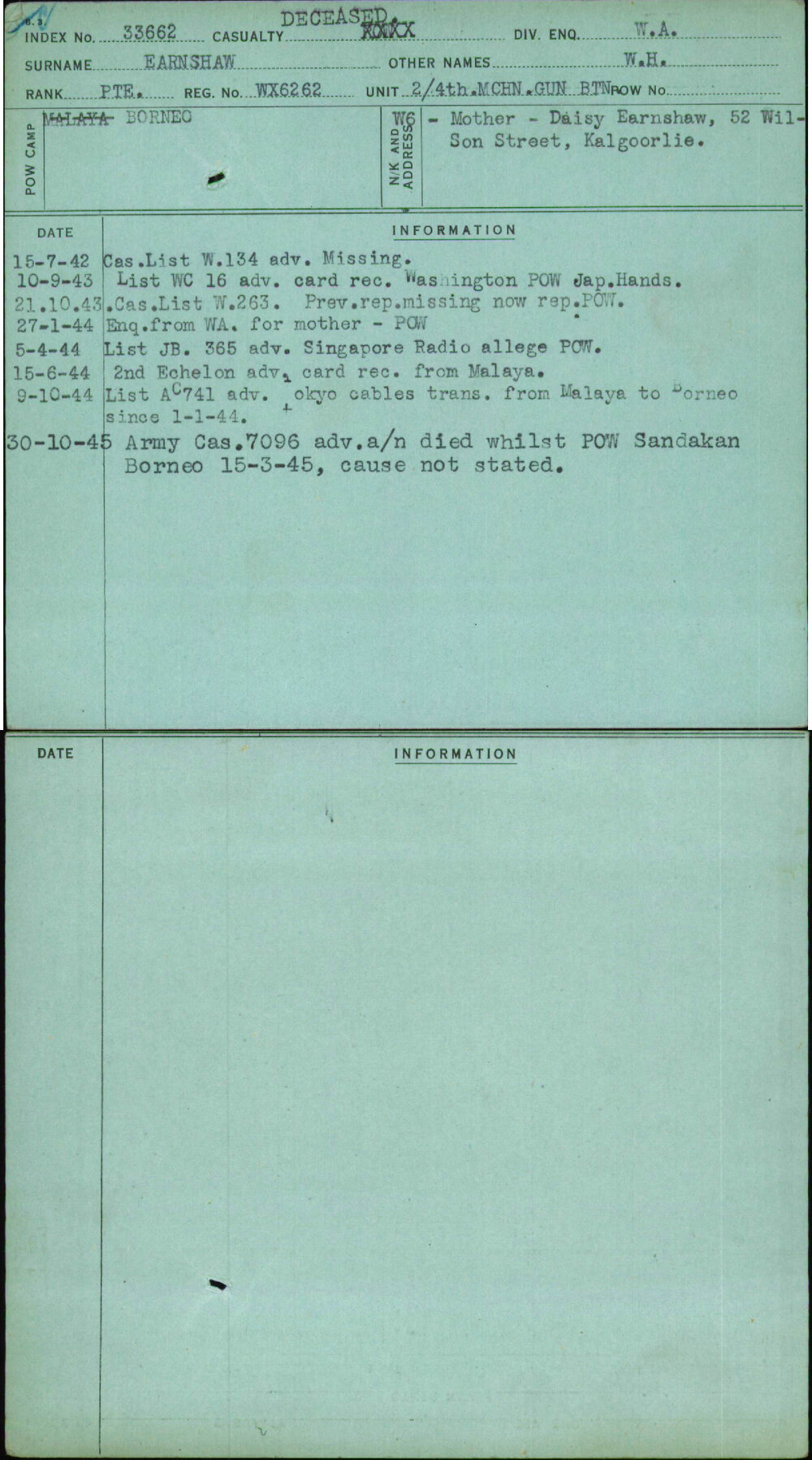 Earnshaw, W H, WX6262