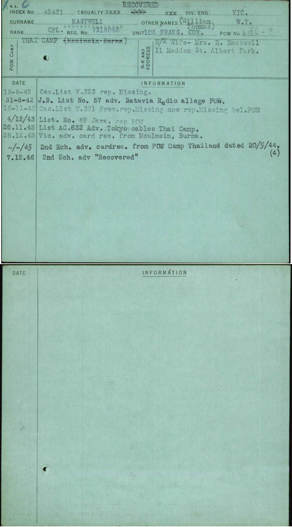 Eastwell, (William Thomas) W T, VX18093