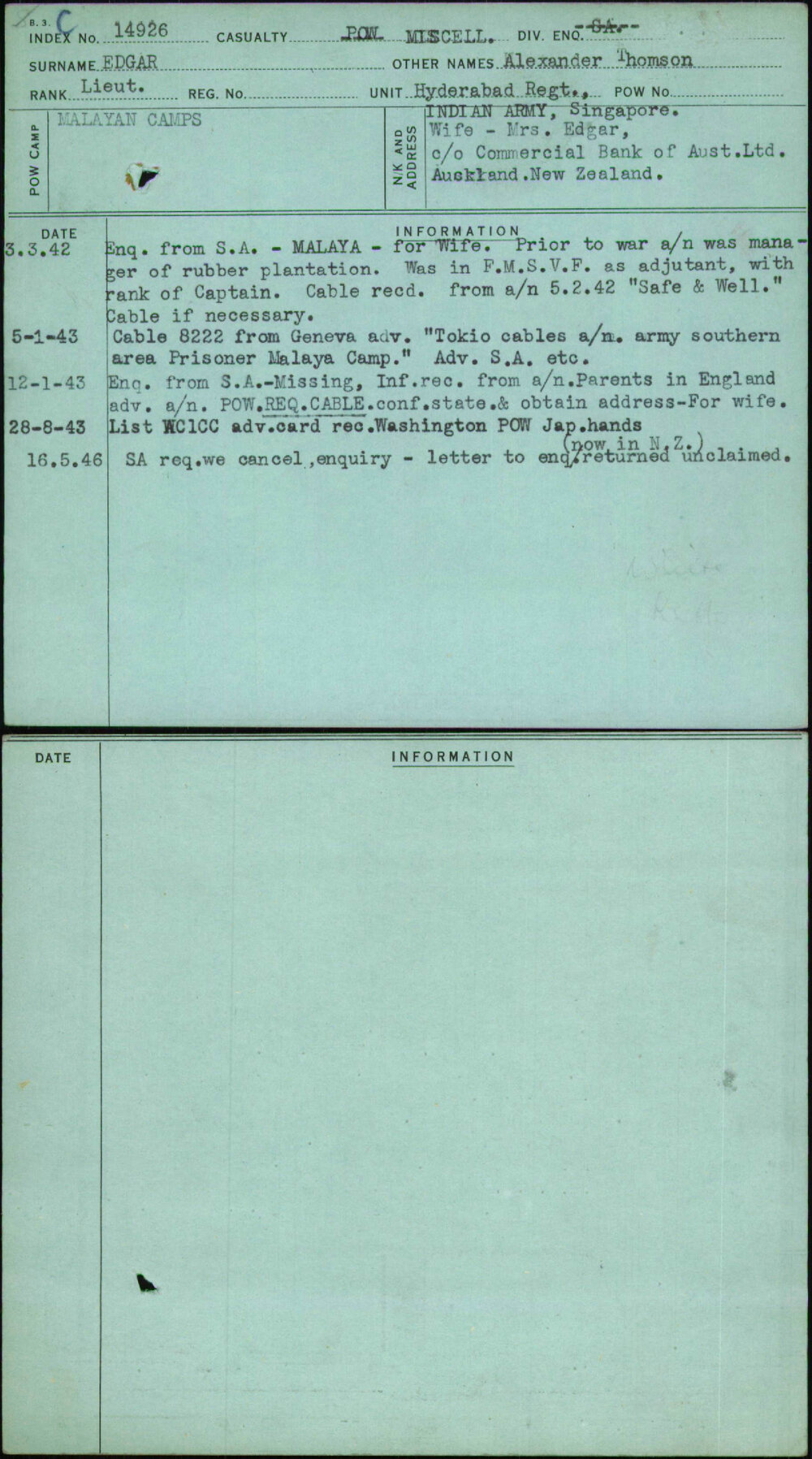 Edgar, Alexander Thomson, [No Service Number]