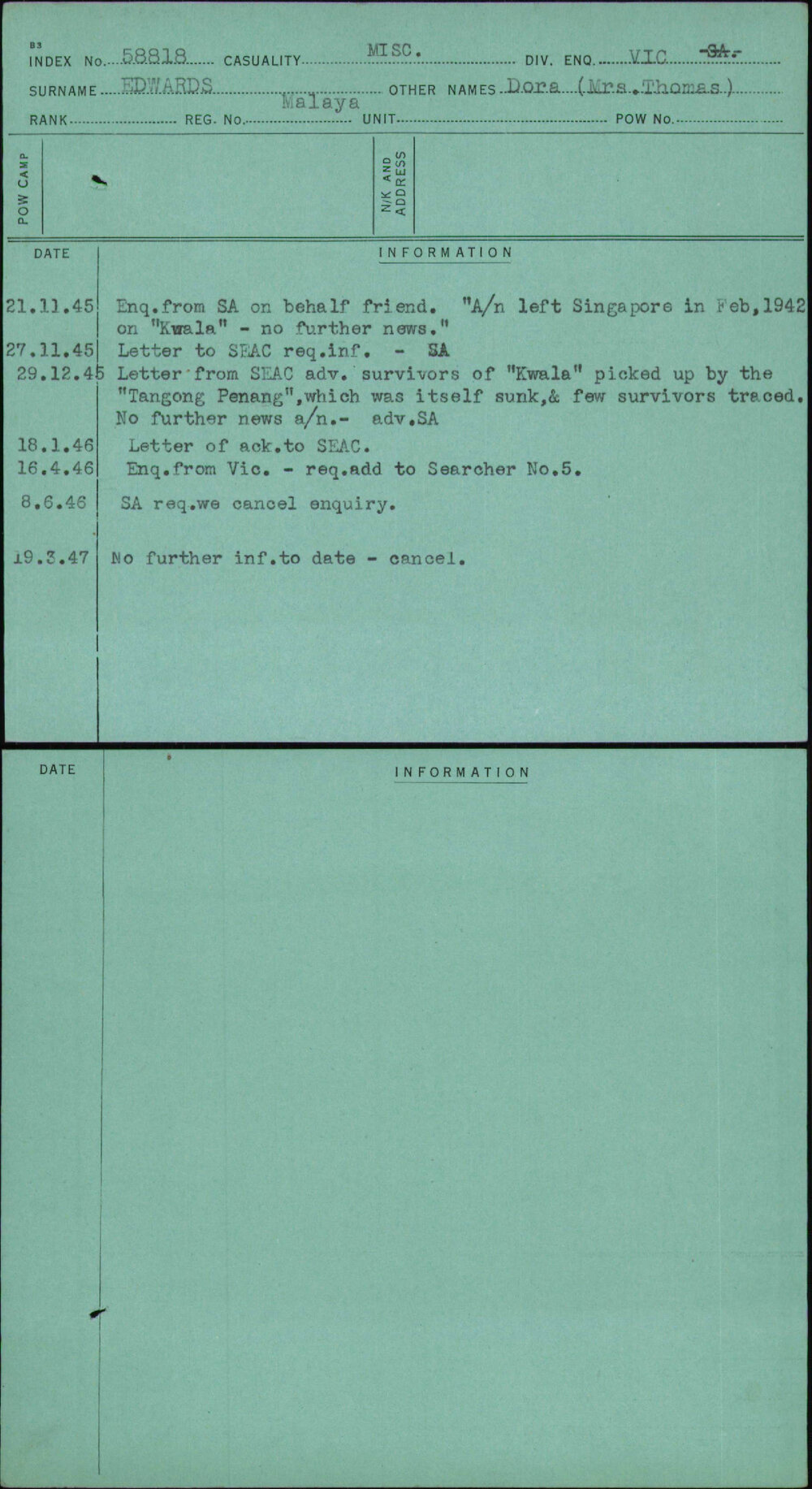 Edwards, Dora (Mrs Thomas), Malaya