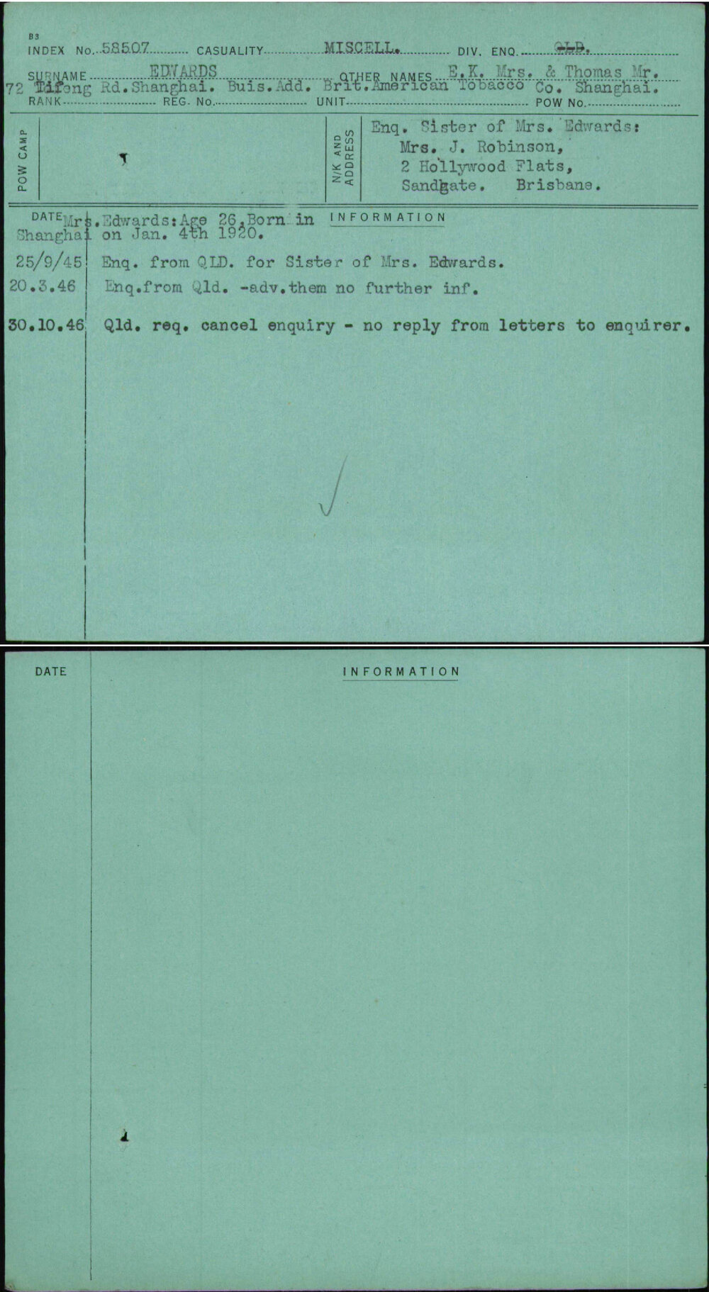 Edwards, E K Mrs &amp; Thomas Mr, [No Service Number]