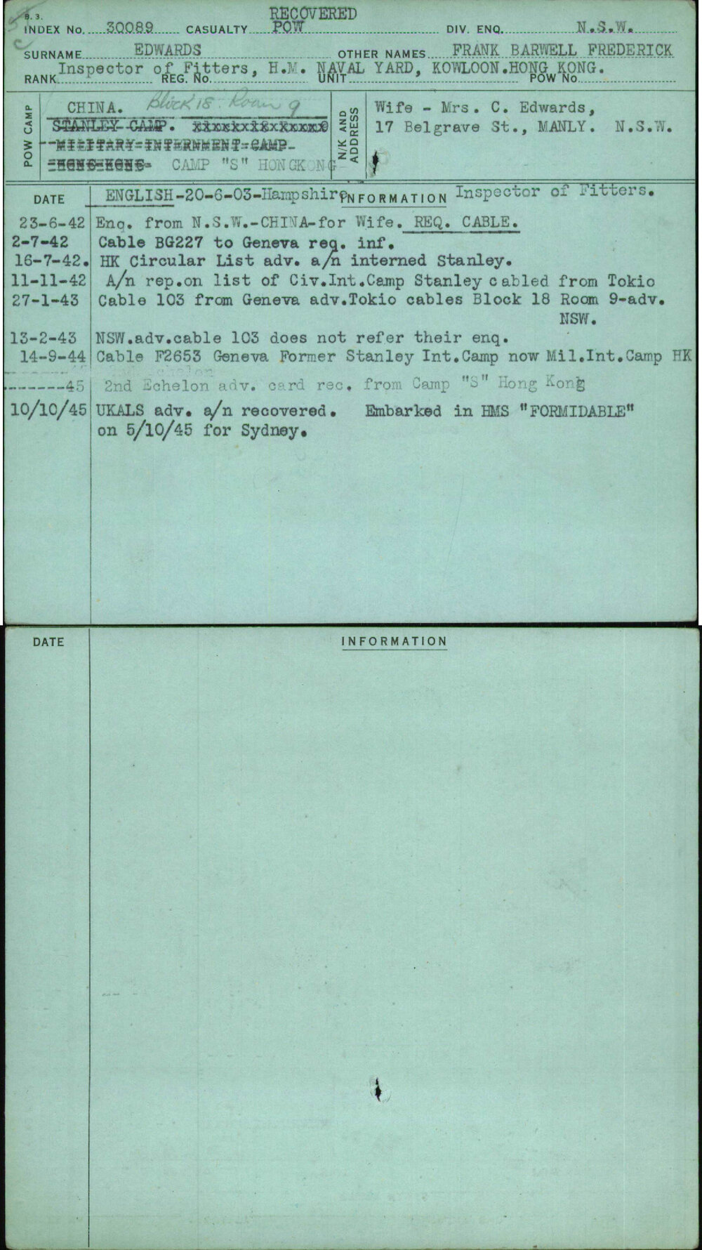 Edwards, Frank Barwell Frederick, [No Service Number]