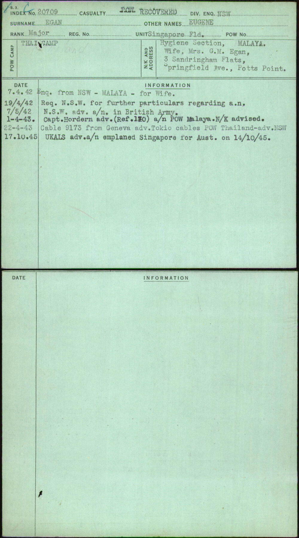 Egan, Eugene, [No Service Number]