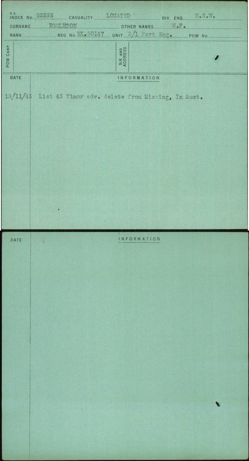 Eggleton, W F, NX50147