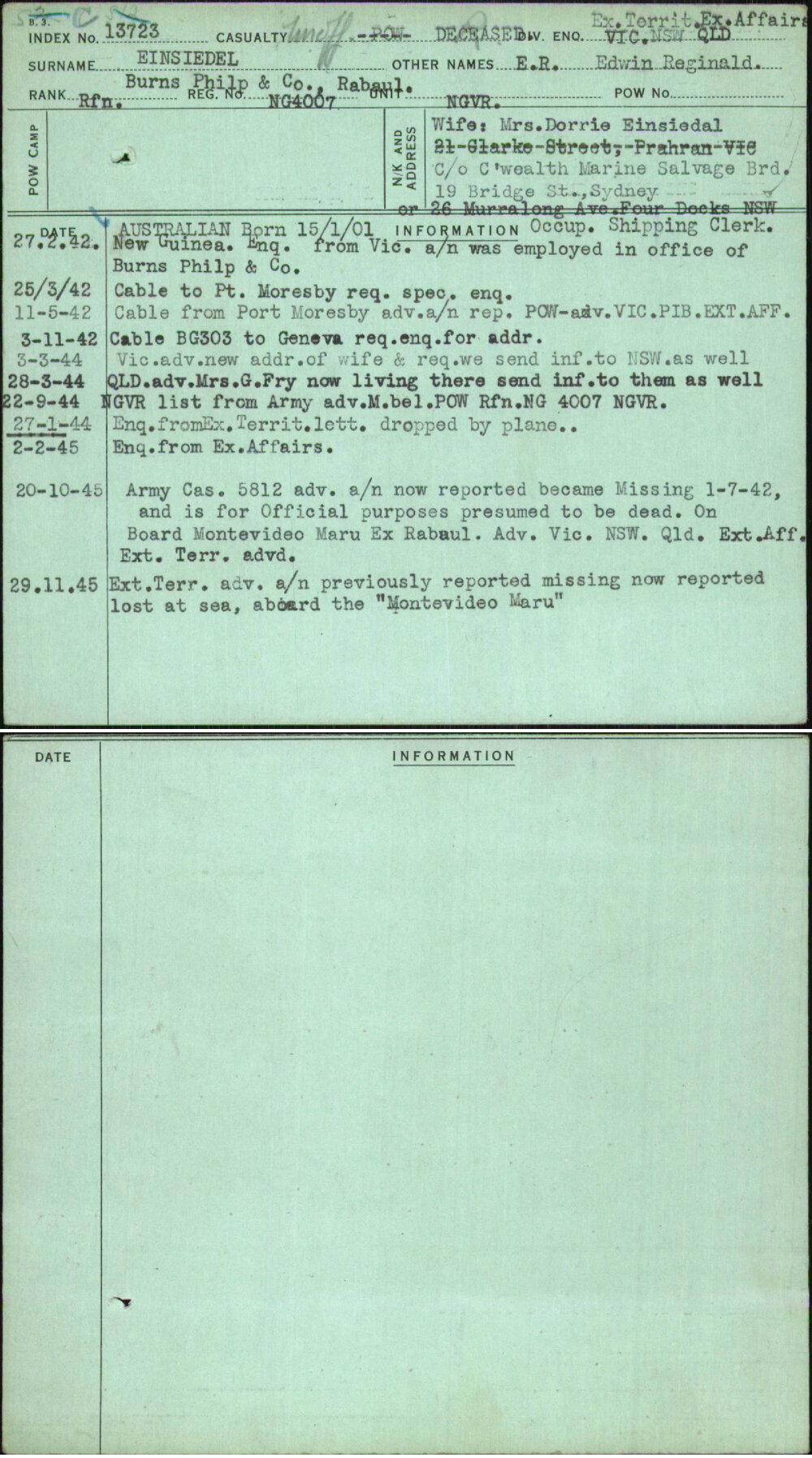 Einsiedel, E R Edwin Reginald, Ng4007