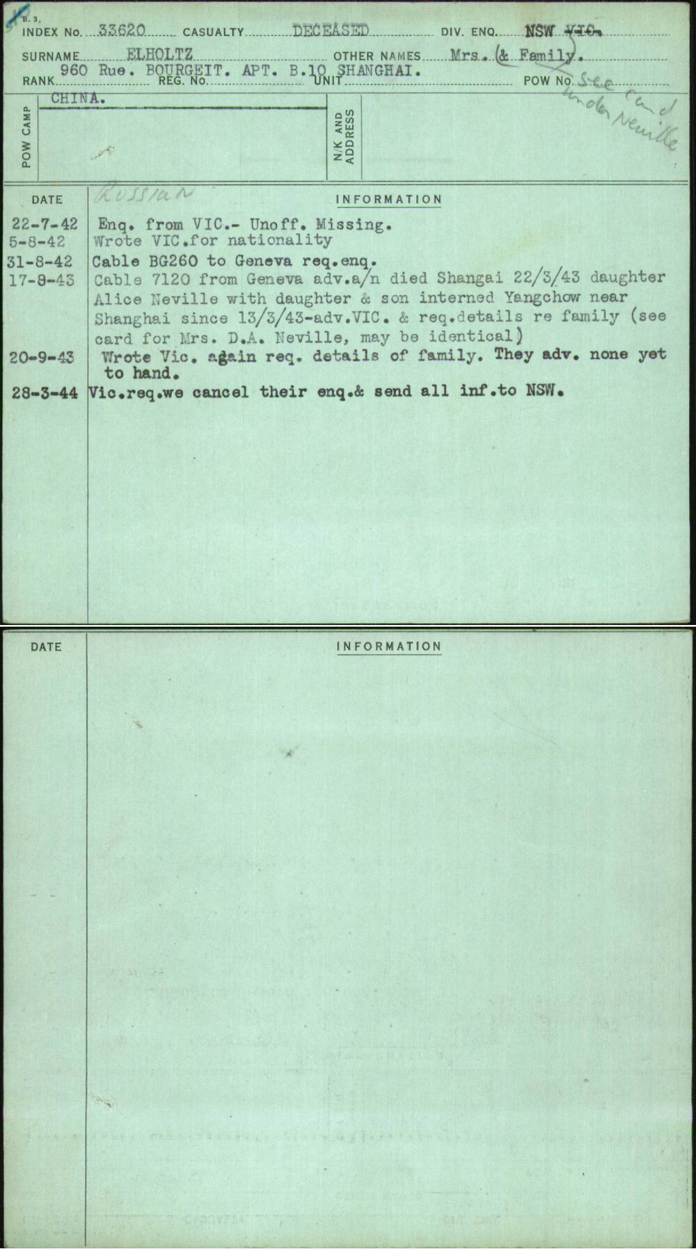 Elholtz, Mrs (&amp; Family), [No Service Number]