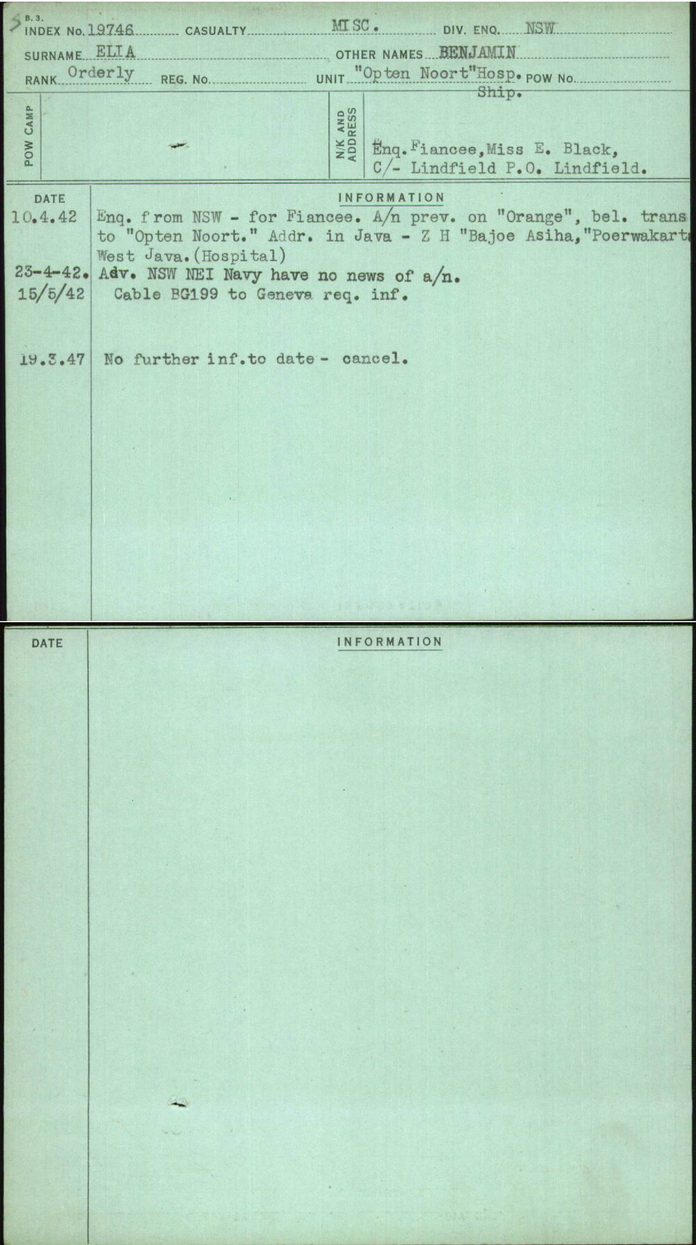 Elia, Benjamin, [No Service Number]