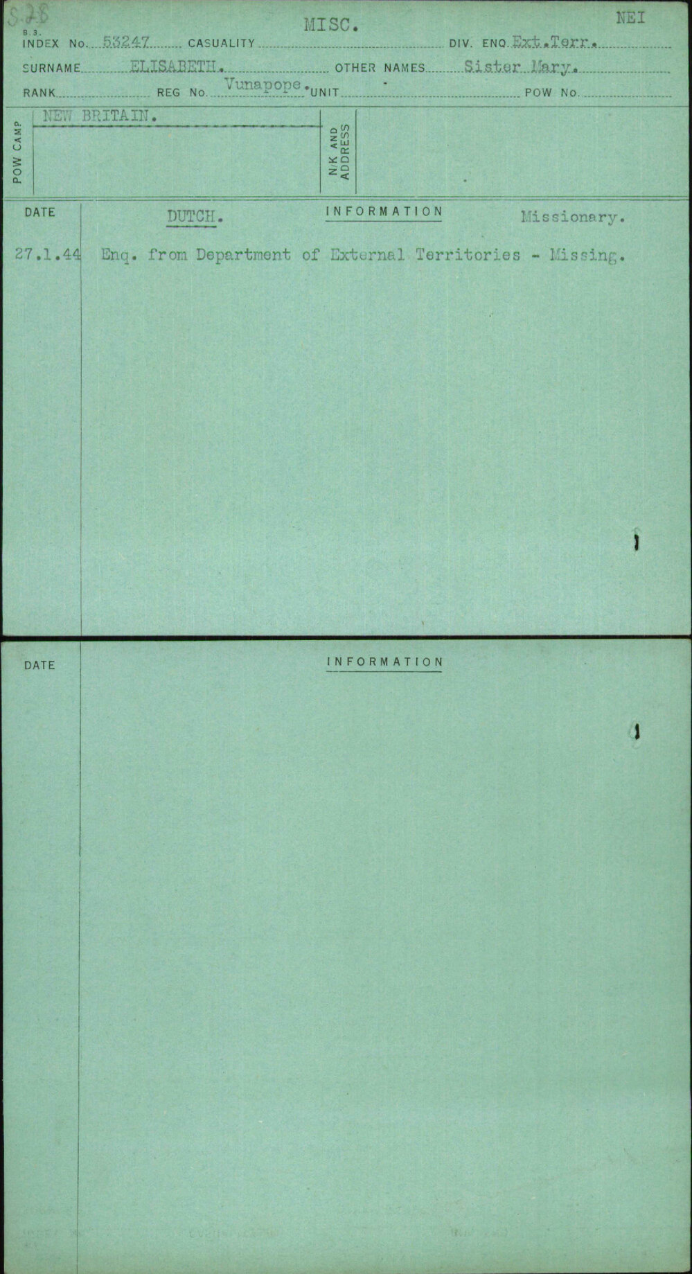 Elisabeth, Sister Mary, Vunapope