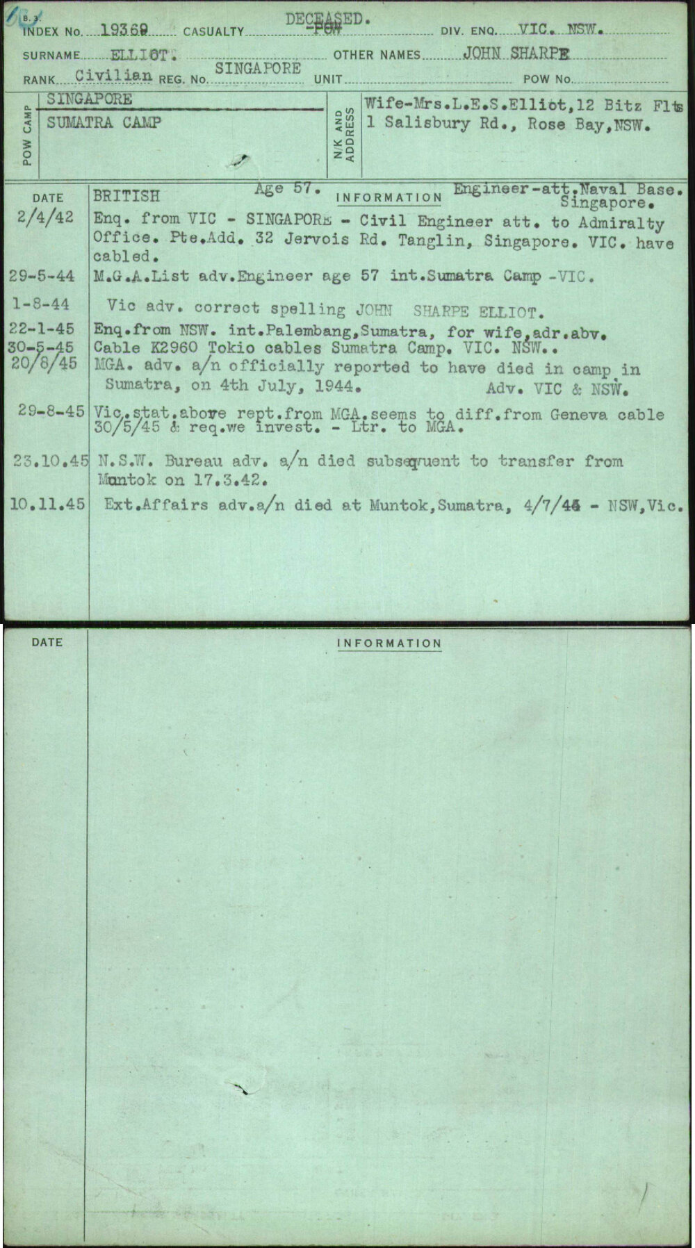 Elliot, John Sharpe, Singapore