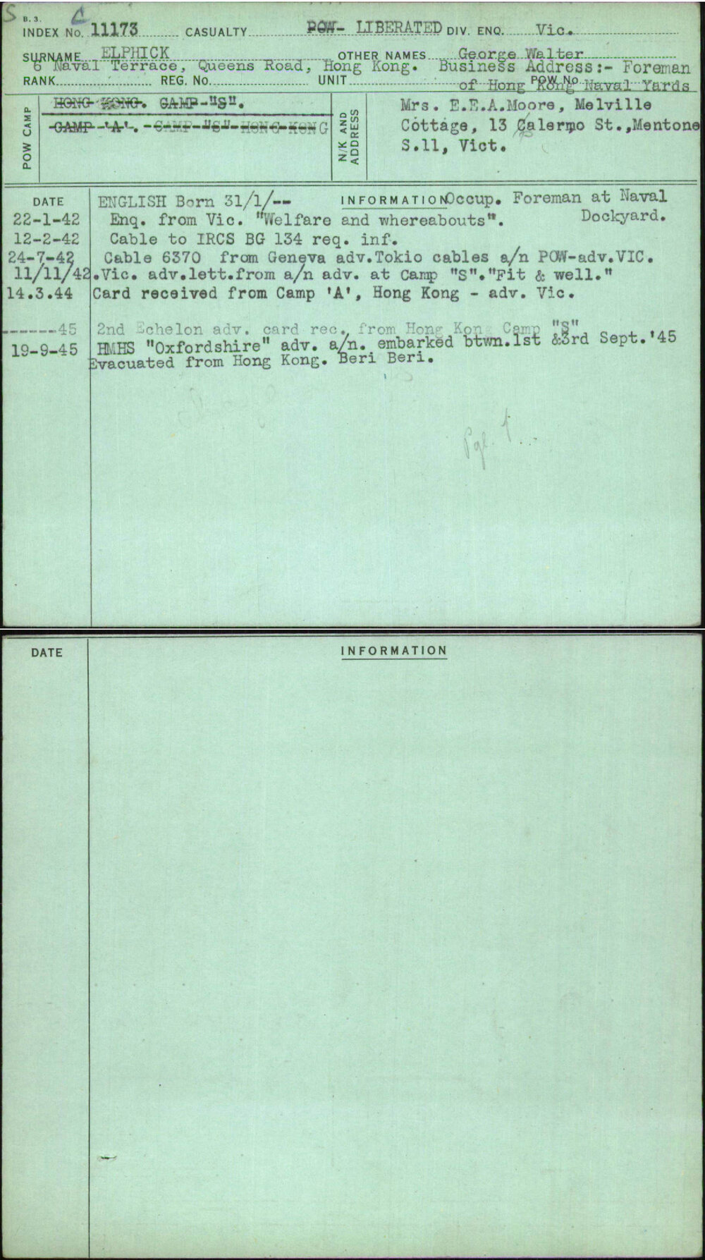 Elphick, George Walter, [No Service Number]