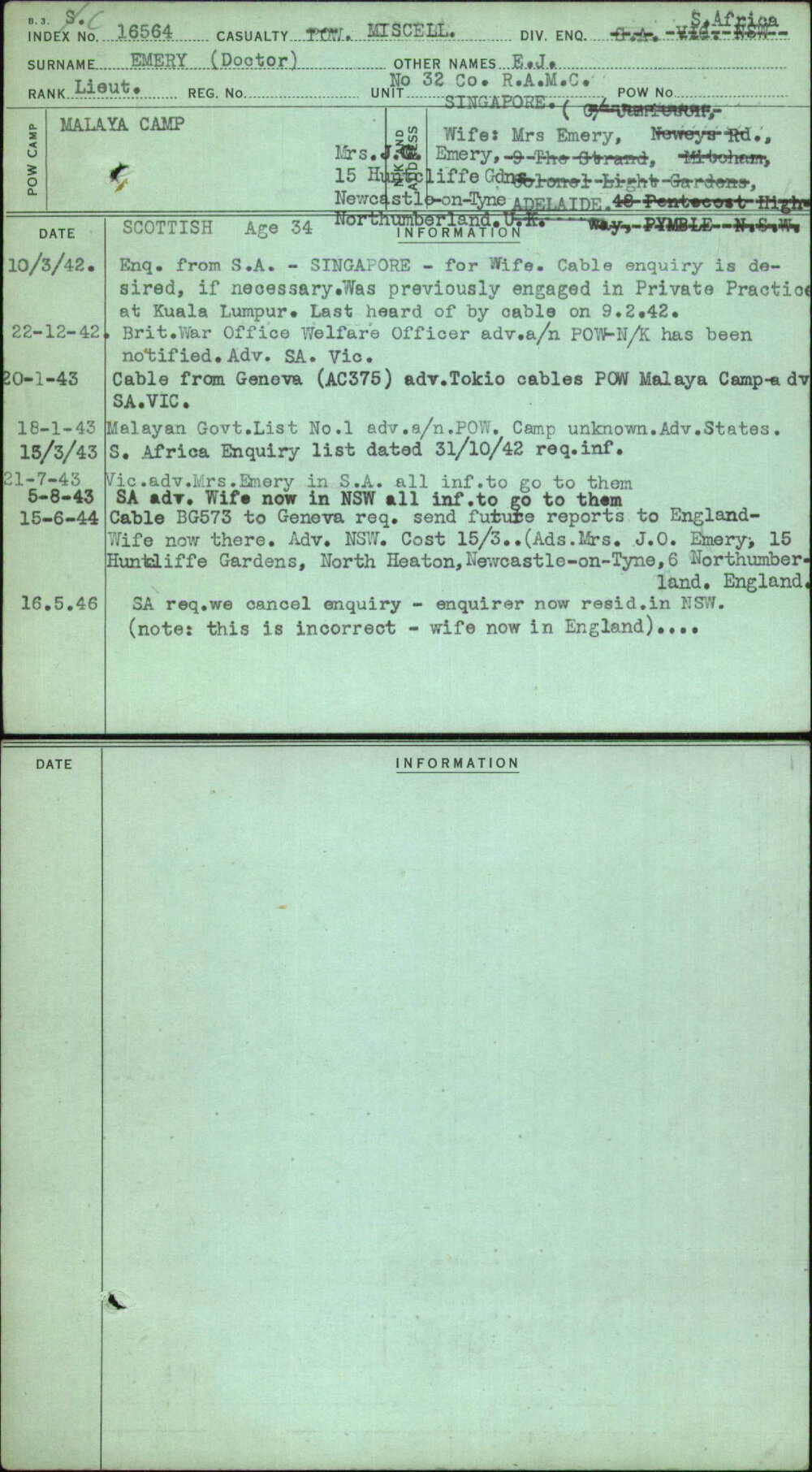 Emery (Doctor), E J, [No Service Number]