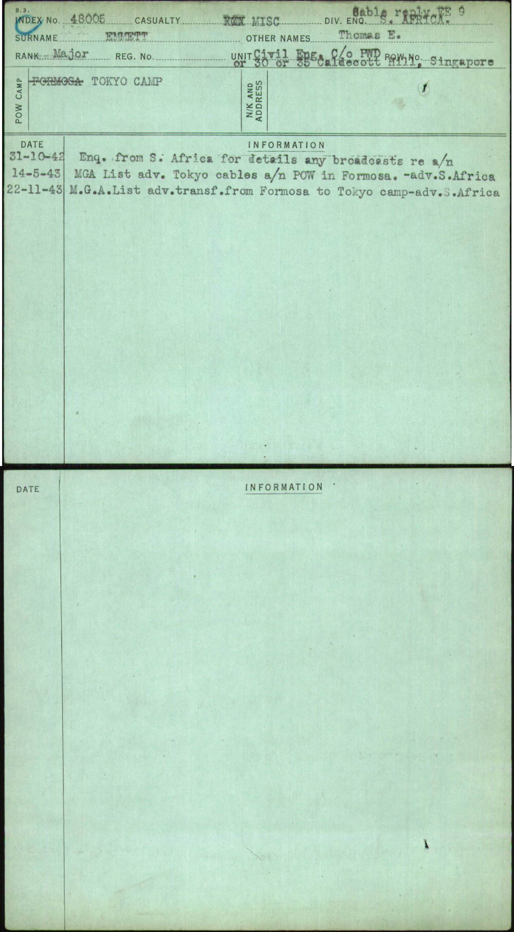 Emmett, Thomas E, [No Service Number]